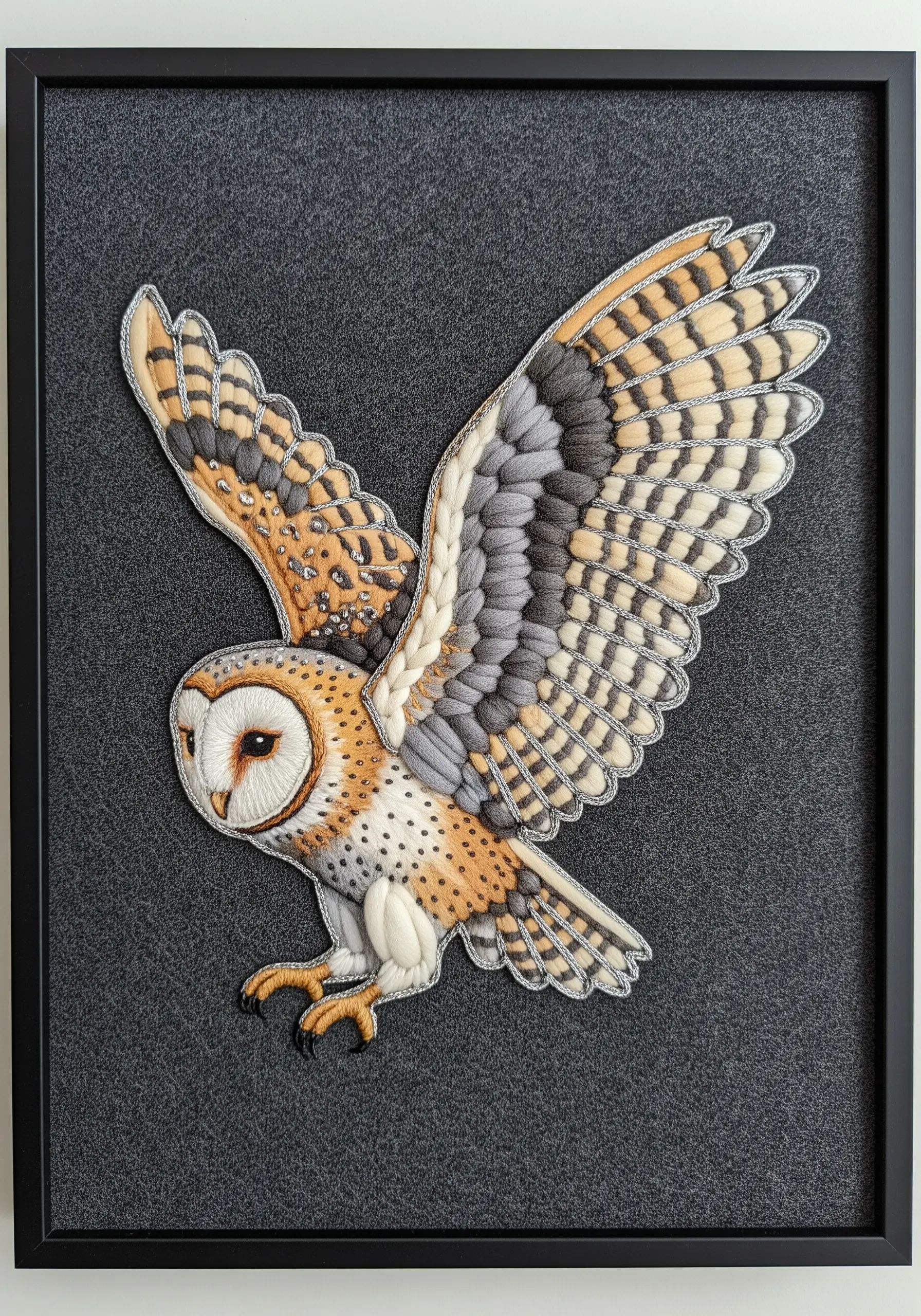 A highly textured barn owl embroidery using mixed fibers like yarn and floss.