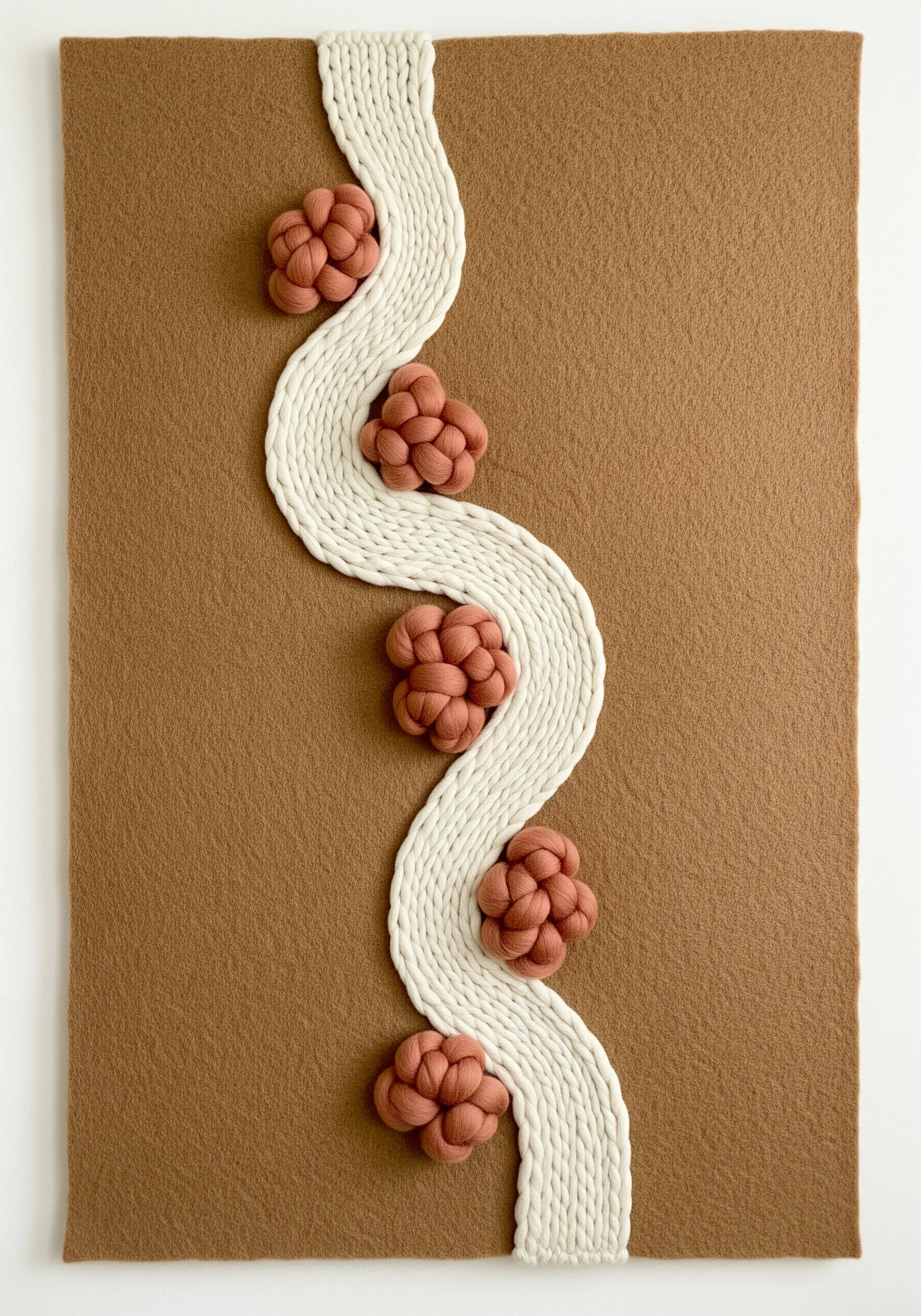 An abstract textile art piece with a thick, raised white wavy line on a brown background.