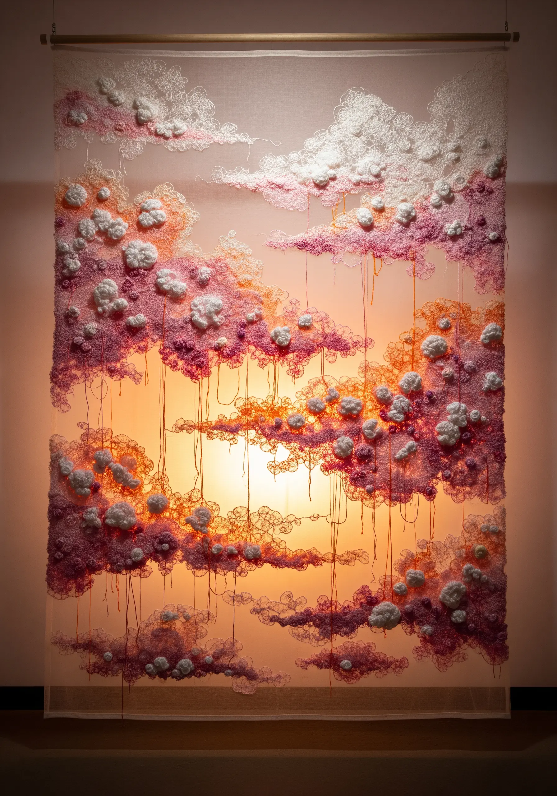 A large, backlit textile installation on sheer fabric depicting fluffy pink and white clouds.