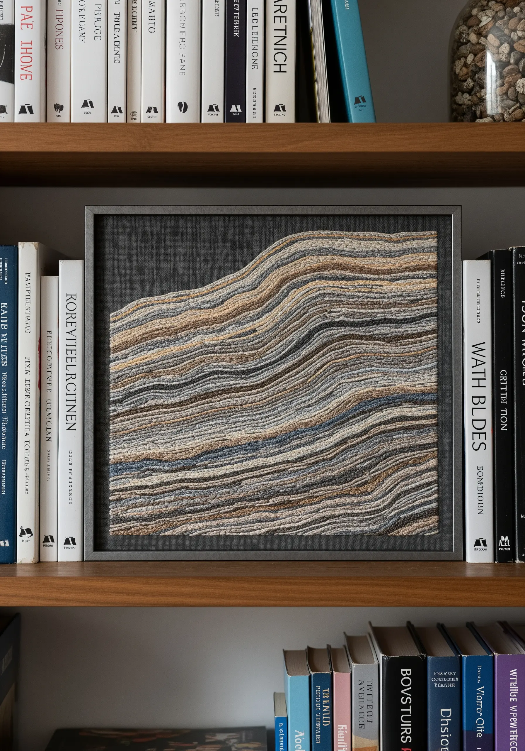 Framed abstract embroidery with layered lines creating a geological texture.
