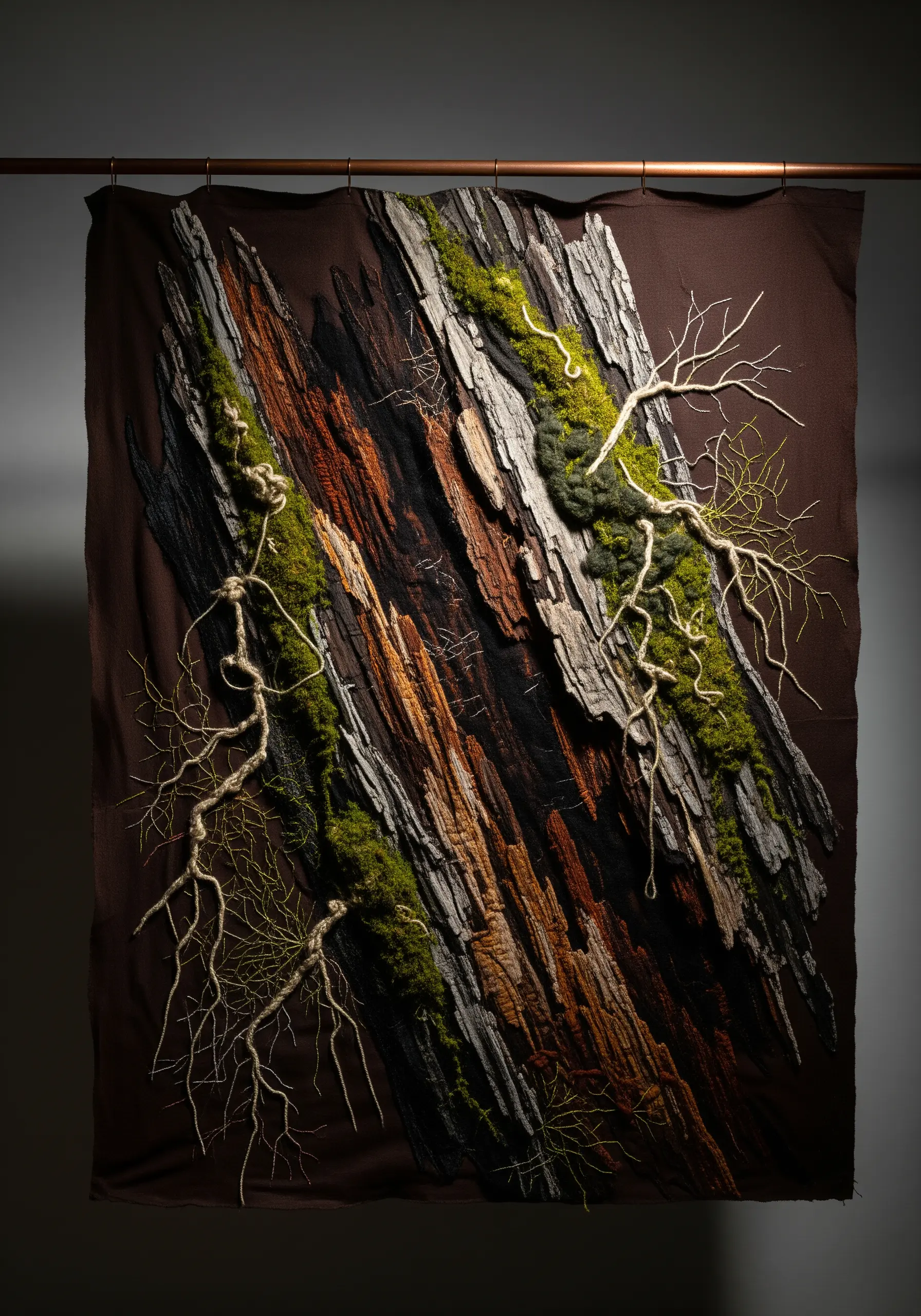 A large, hyper-realistic textile art piece depicting mossy tree bark and roots.