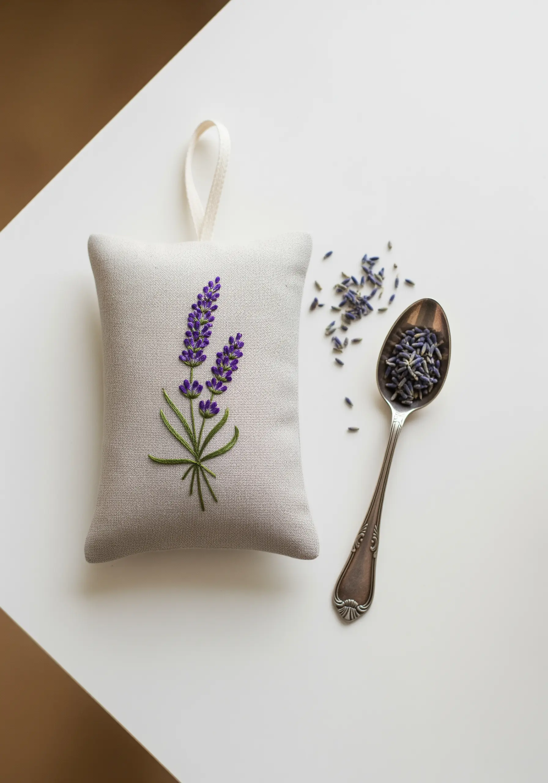 A linen sachet embroidered with a realistic lavender sprig, next to dried lavender buds.