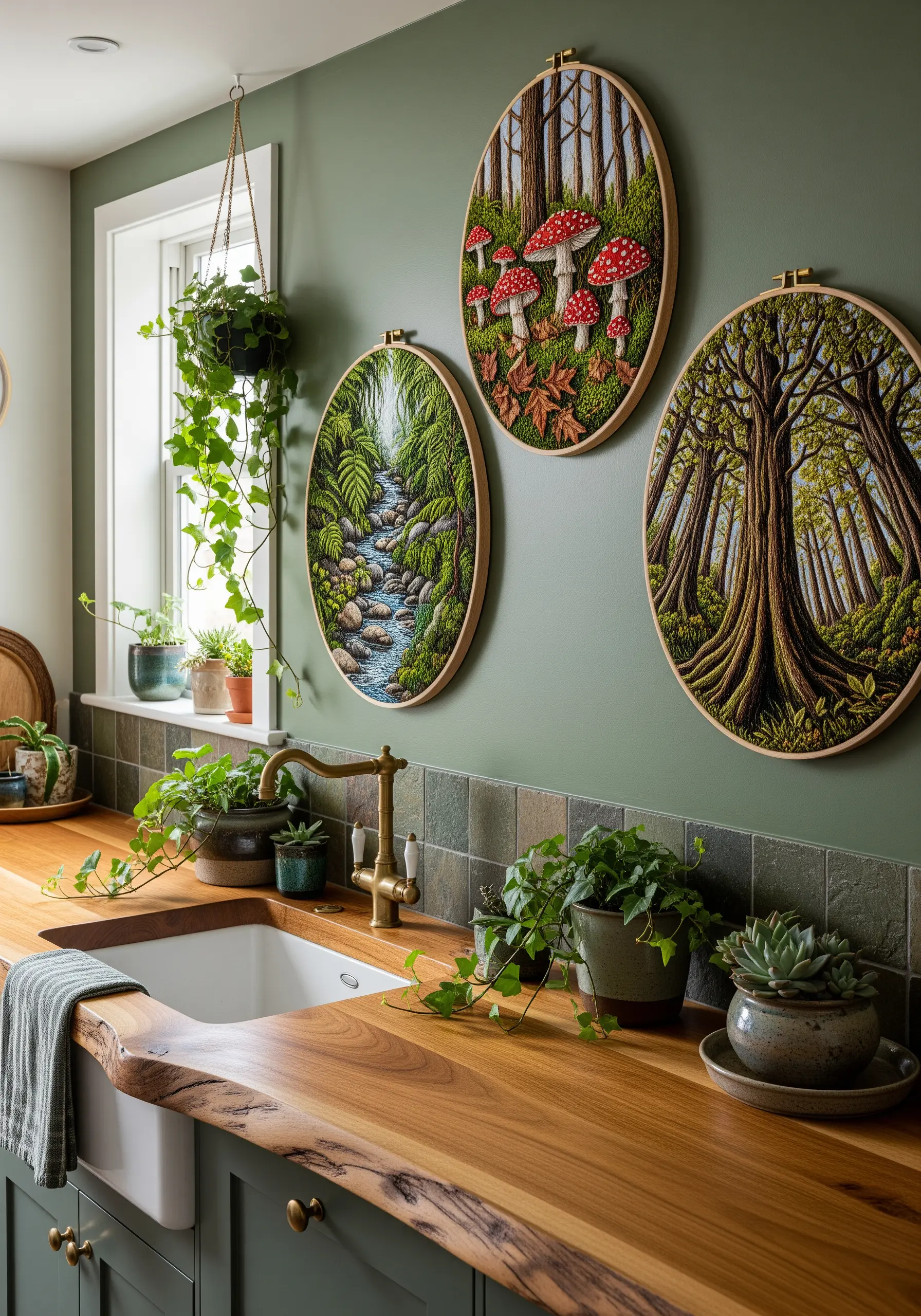 A triptych of embroidery hoops showing hyper-realistic, densely textured forest scenes.