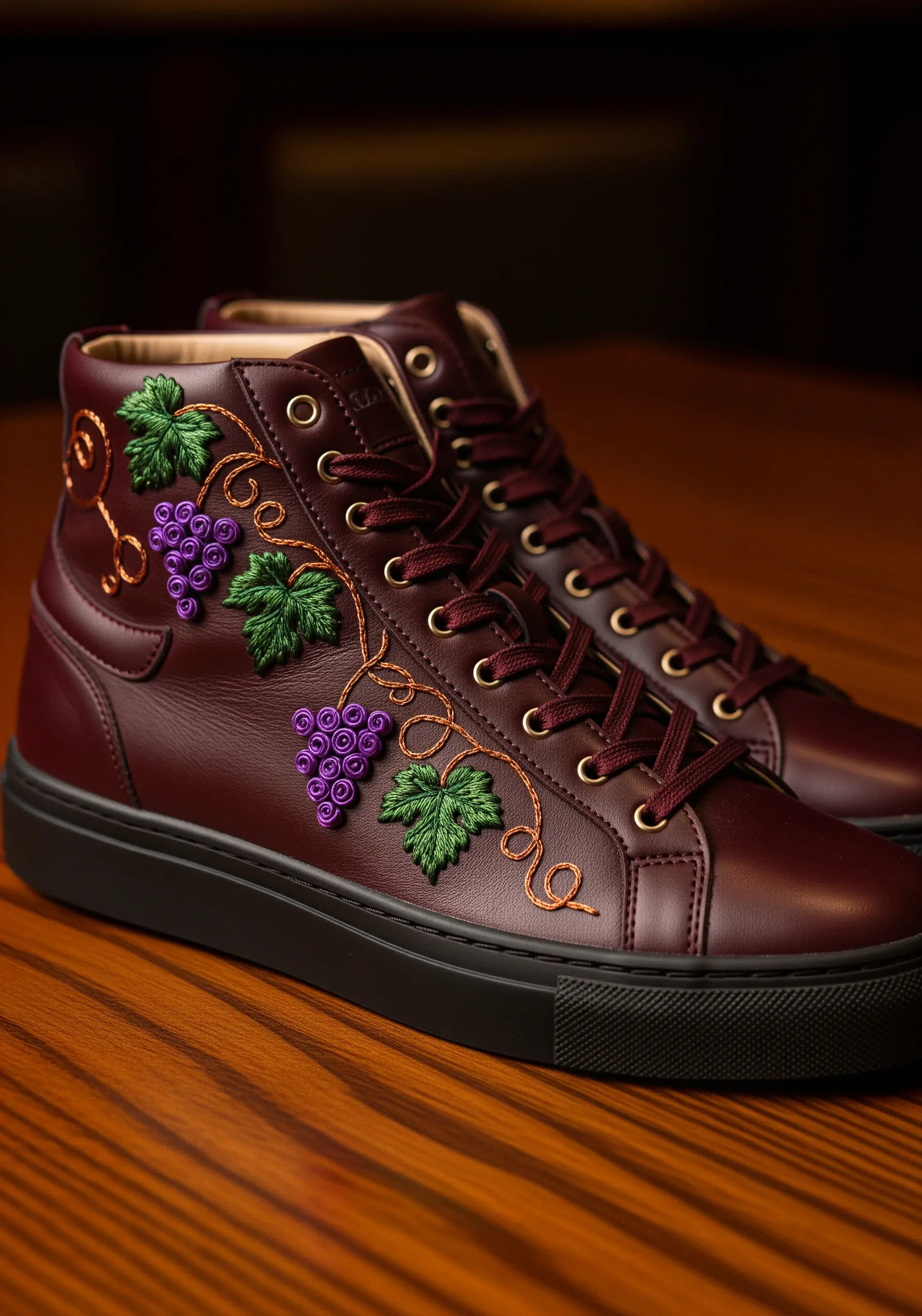 Grapevines embroidered on a burgundy leather high-top, with French knot grapes and coiling vines.