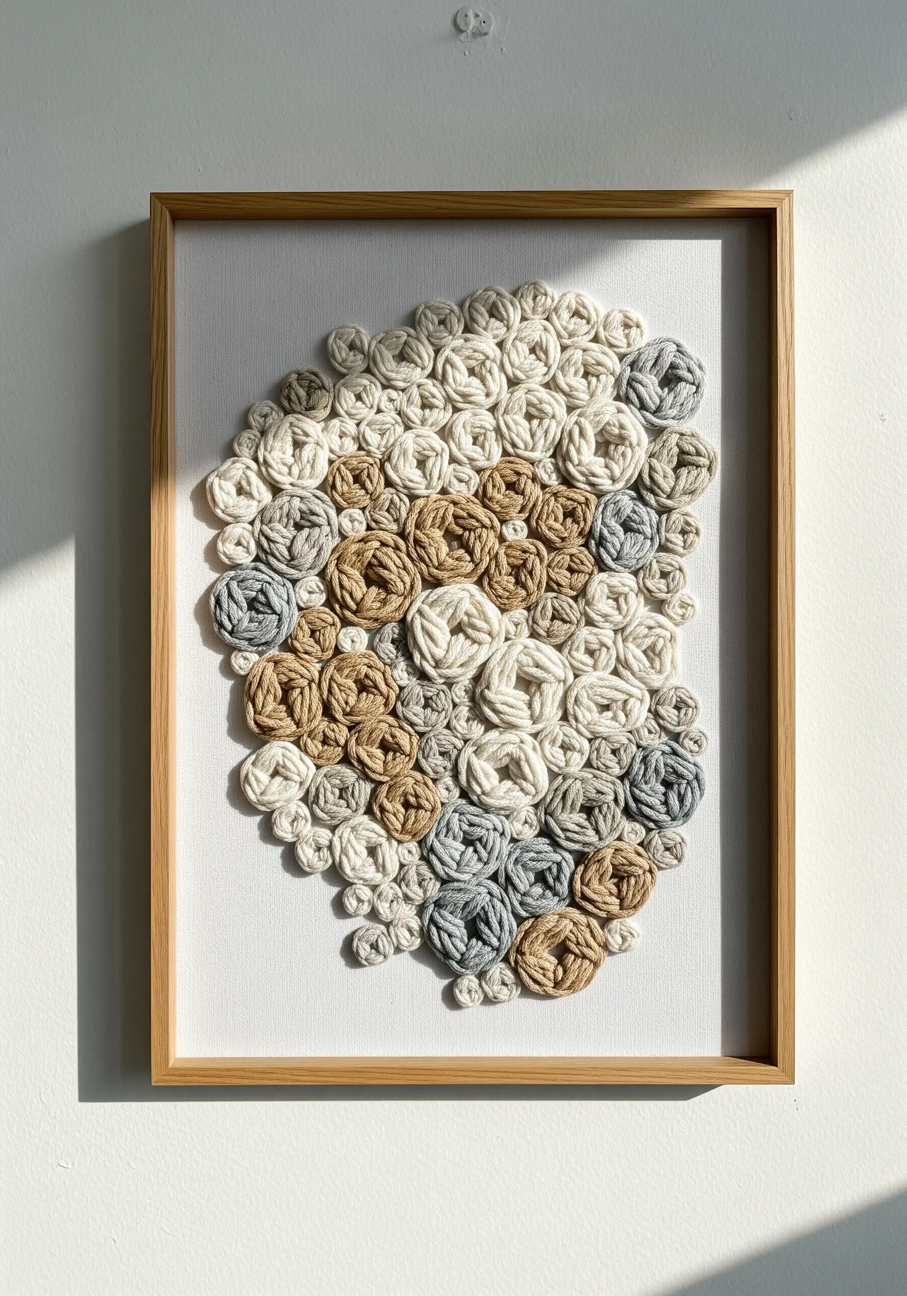 Framed 3D fiber art with densely packed woven wheel stitches in neutral tones.