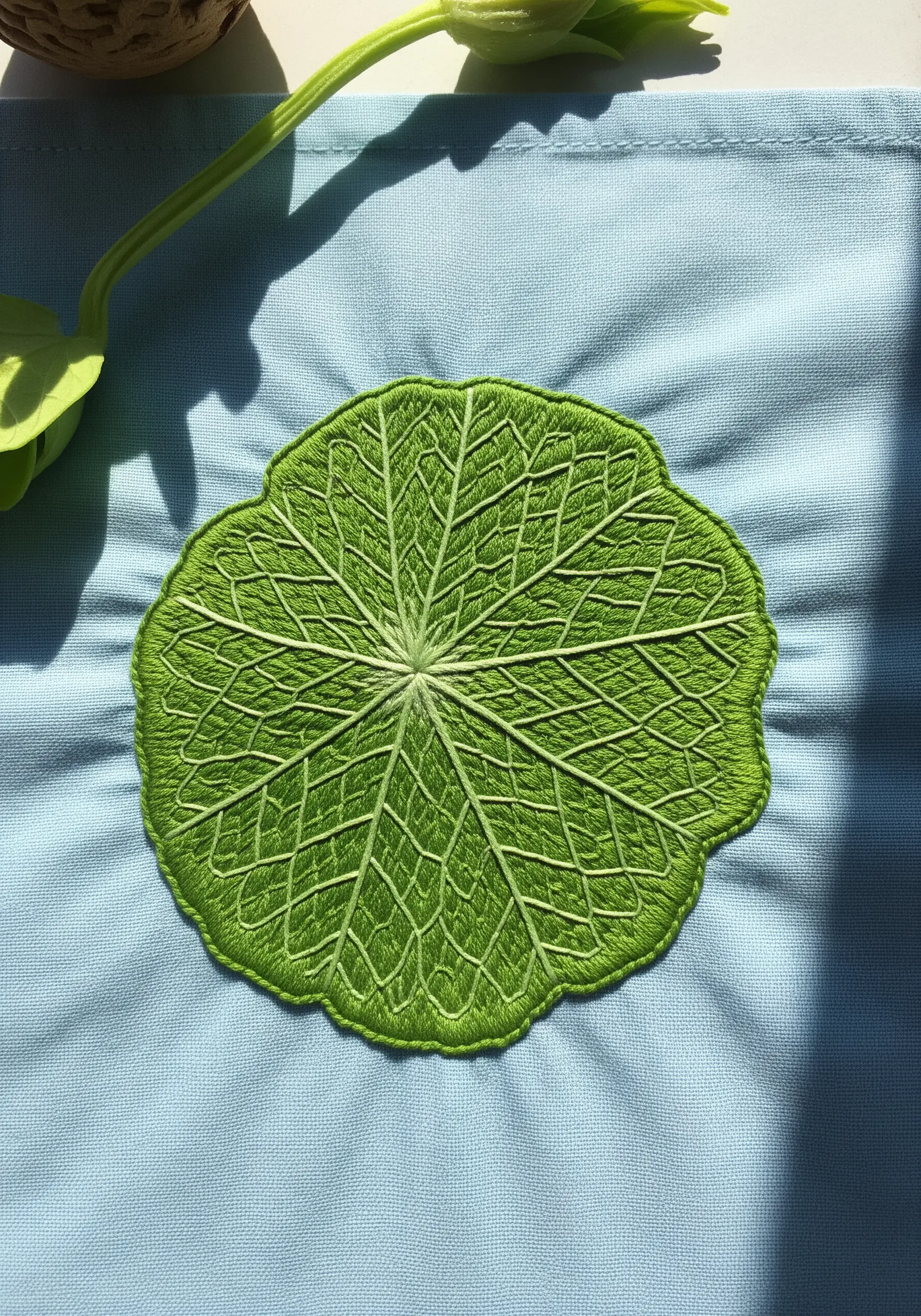 A round nasturtium leaf created with a dense split stitch fill and light green veins.