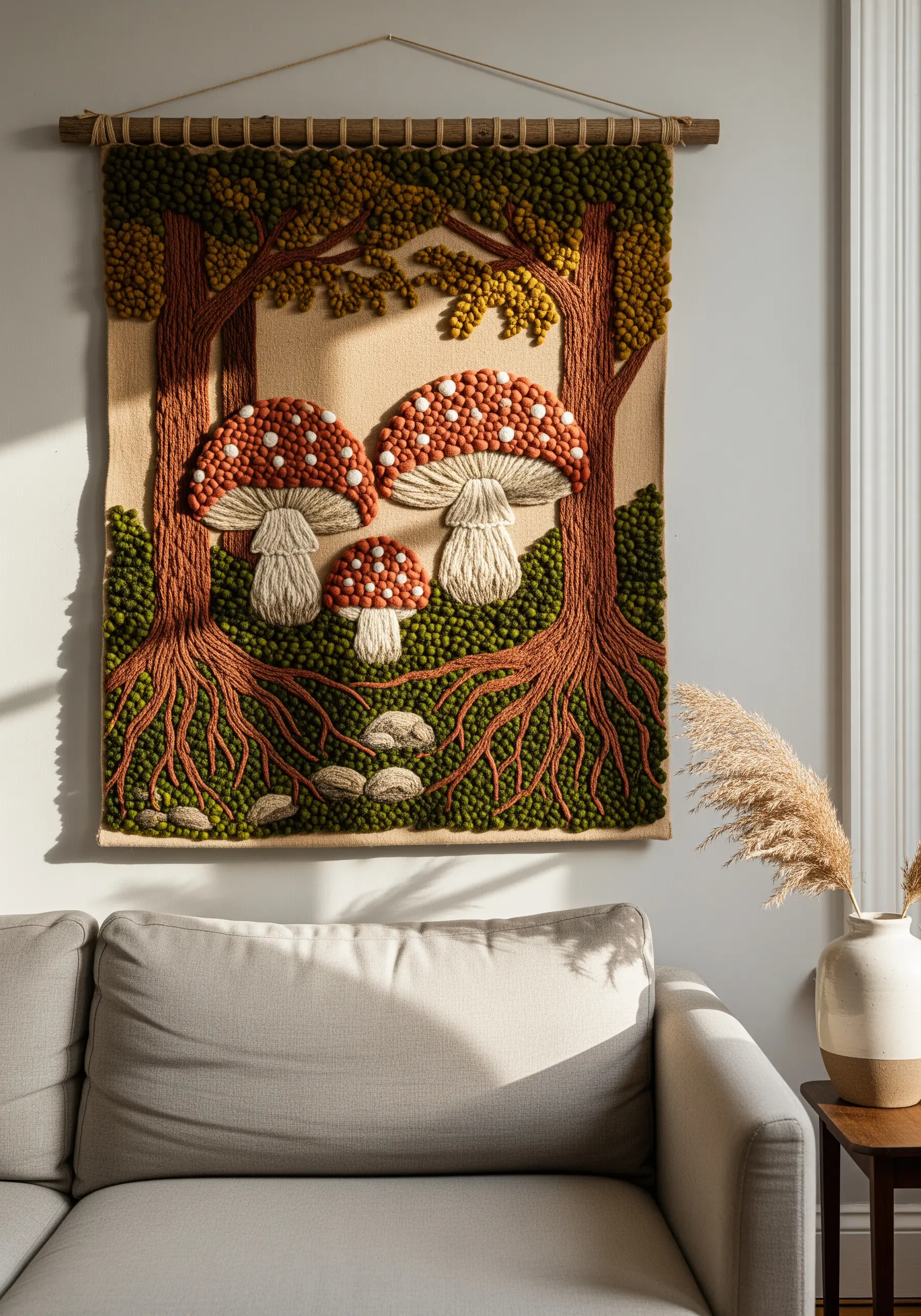 Textured punch needle wall tapestry of a forest scene with three large mushrooms.