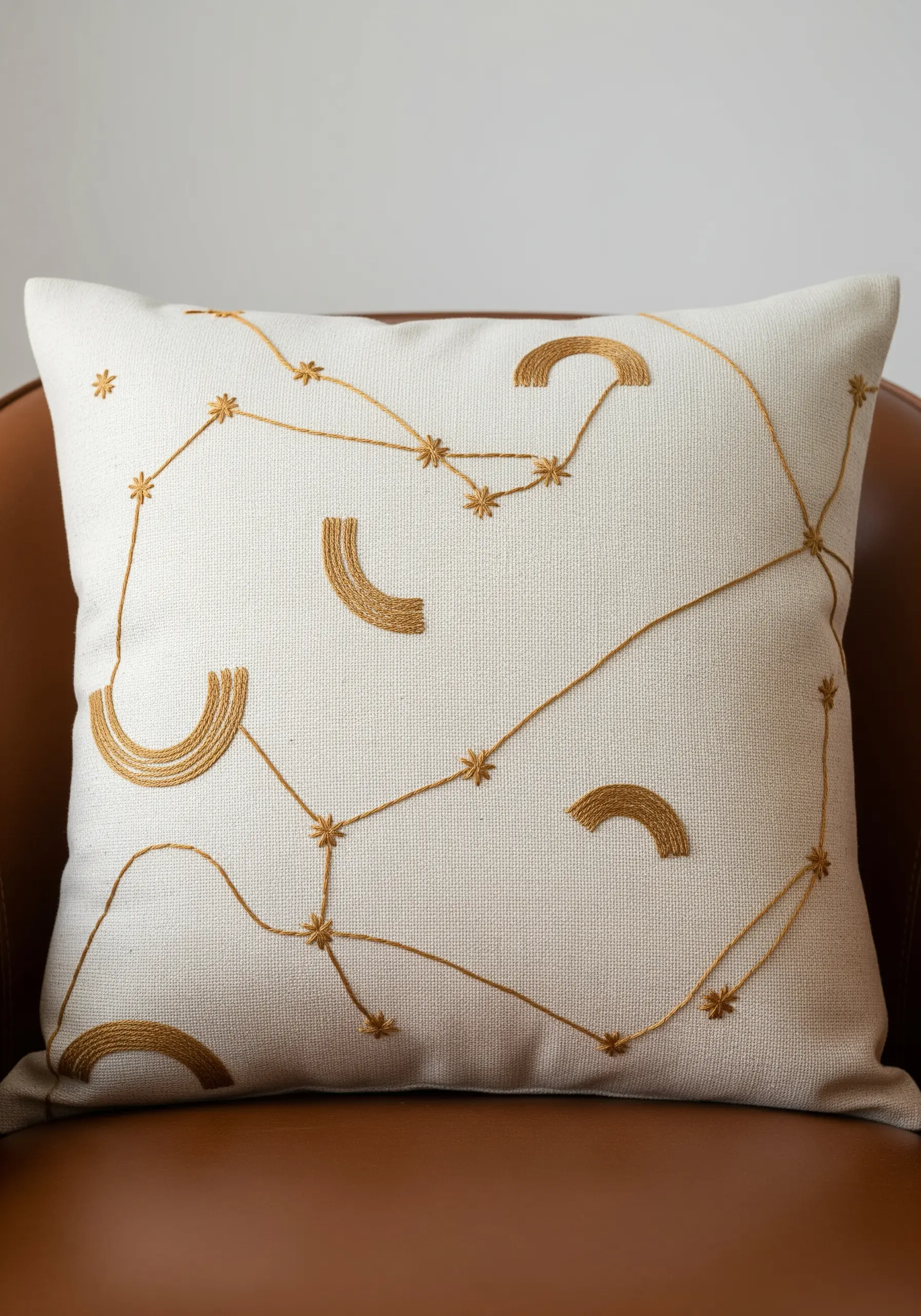 Abstract constellation pattern with gold thread on a white cushion, using various stitch textures.