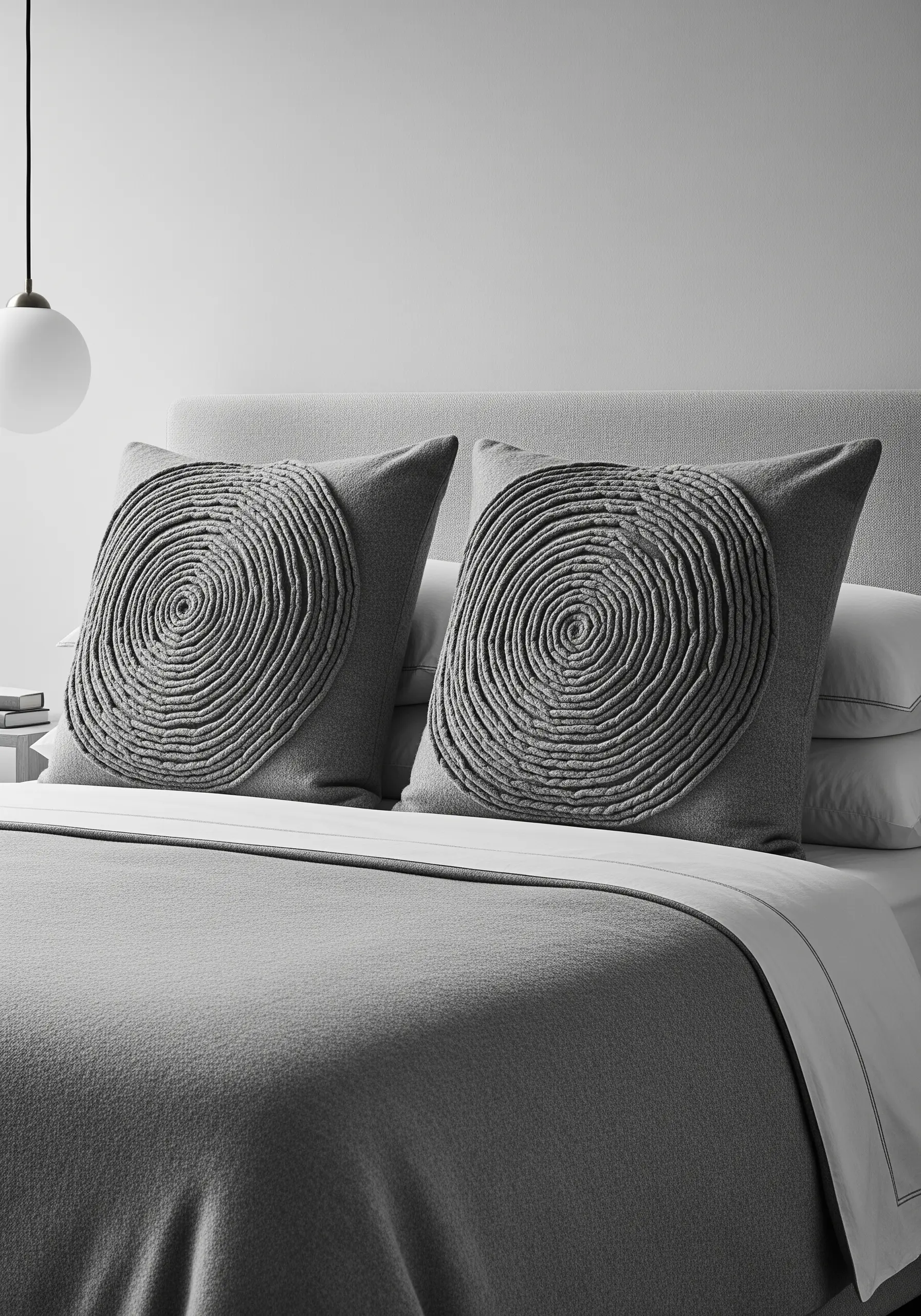 Two grey pillows with a raised, spiral texture created by couched cording in a concentric pattern.
