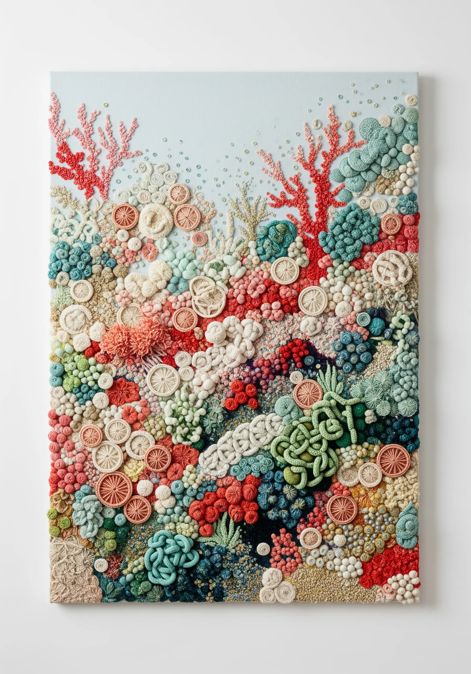 A dense, colorful, and highly textural embroidery of a coral reef.