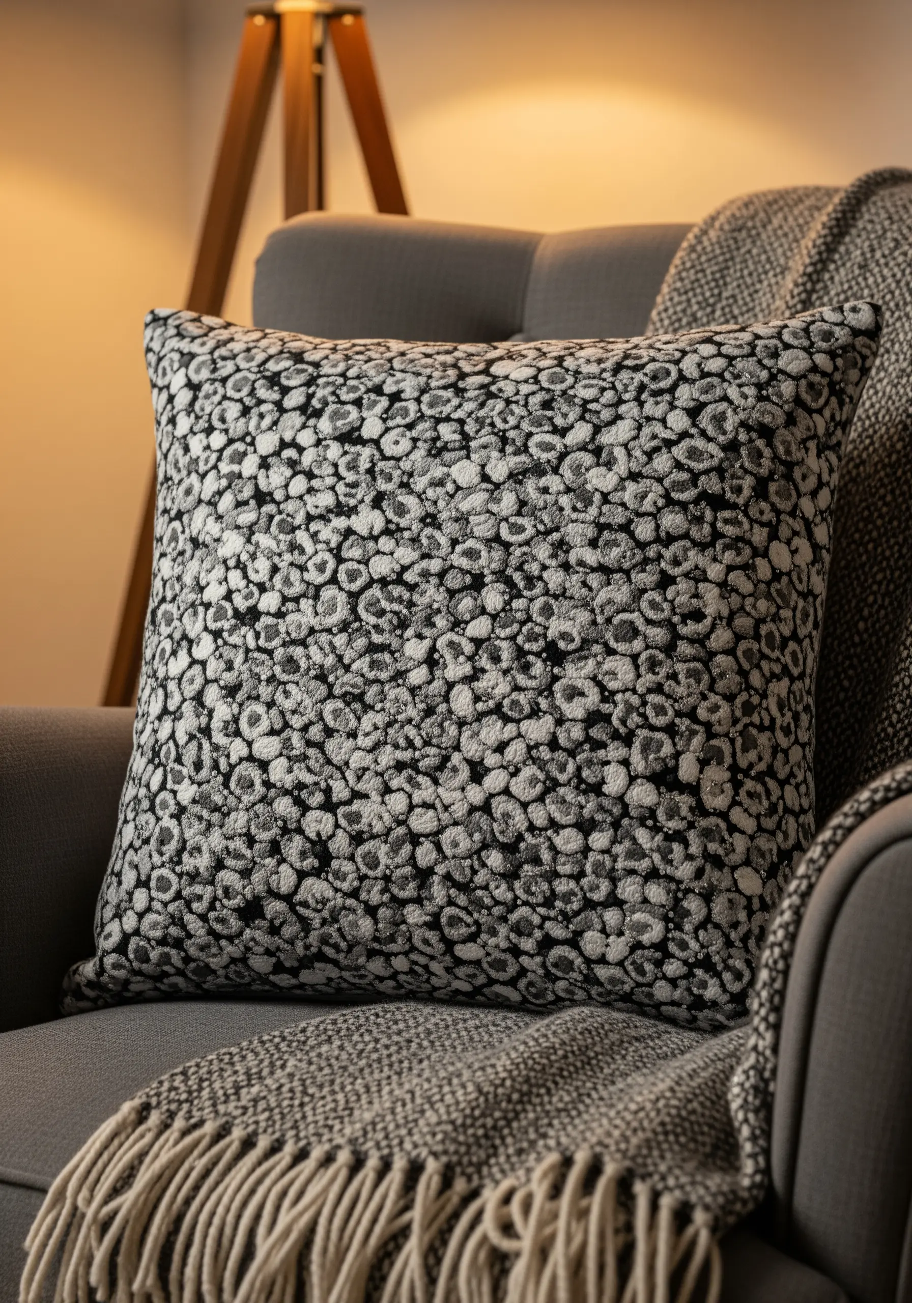 A monochrome cushion cover with a dense, pebbled texture from French knots.