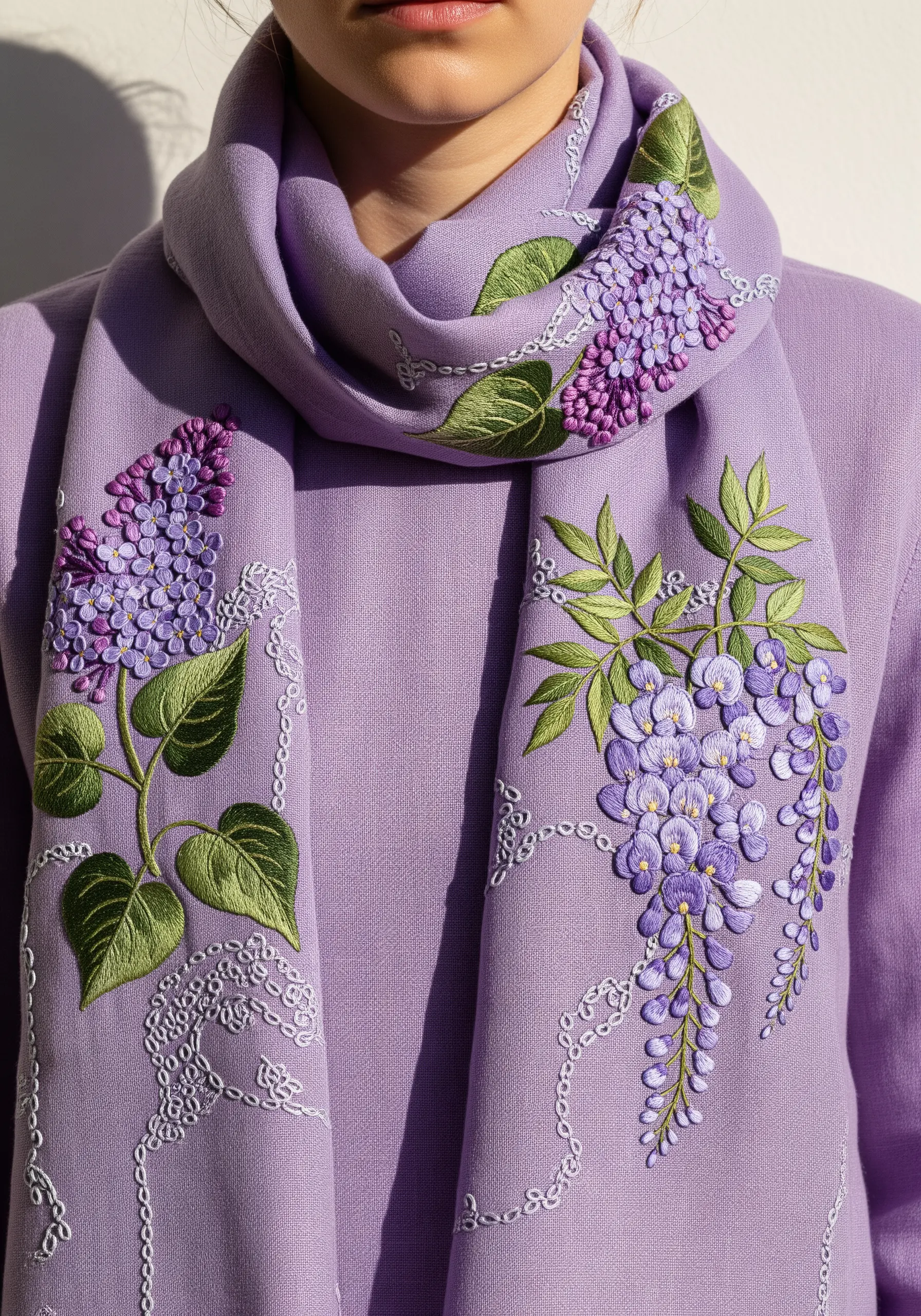 Textured lilac and wisteria embroidery using French and bullion knots on a lavender scarf.