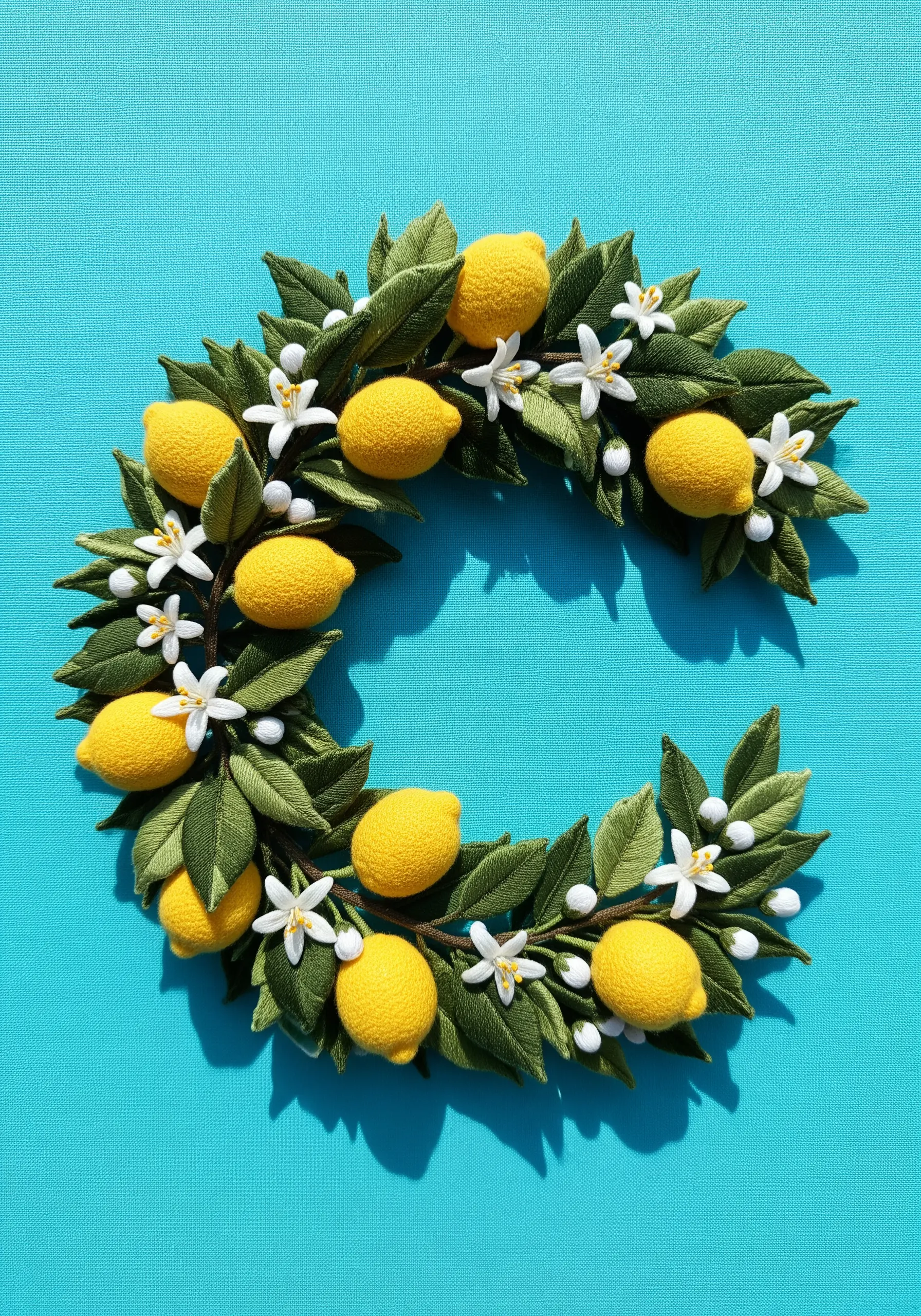 A vibrant wreath of padded satin stitch lemons and white blossoms on bright blue fabric.