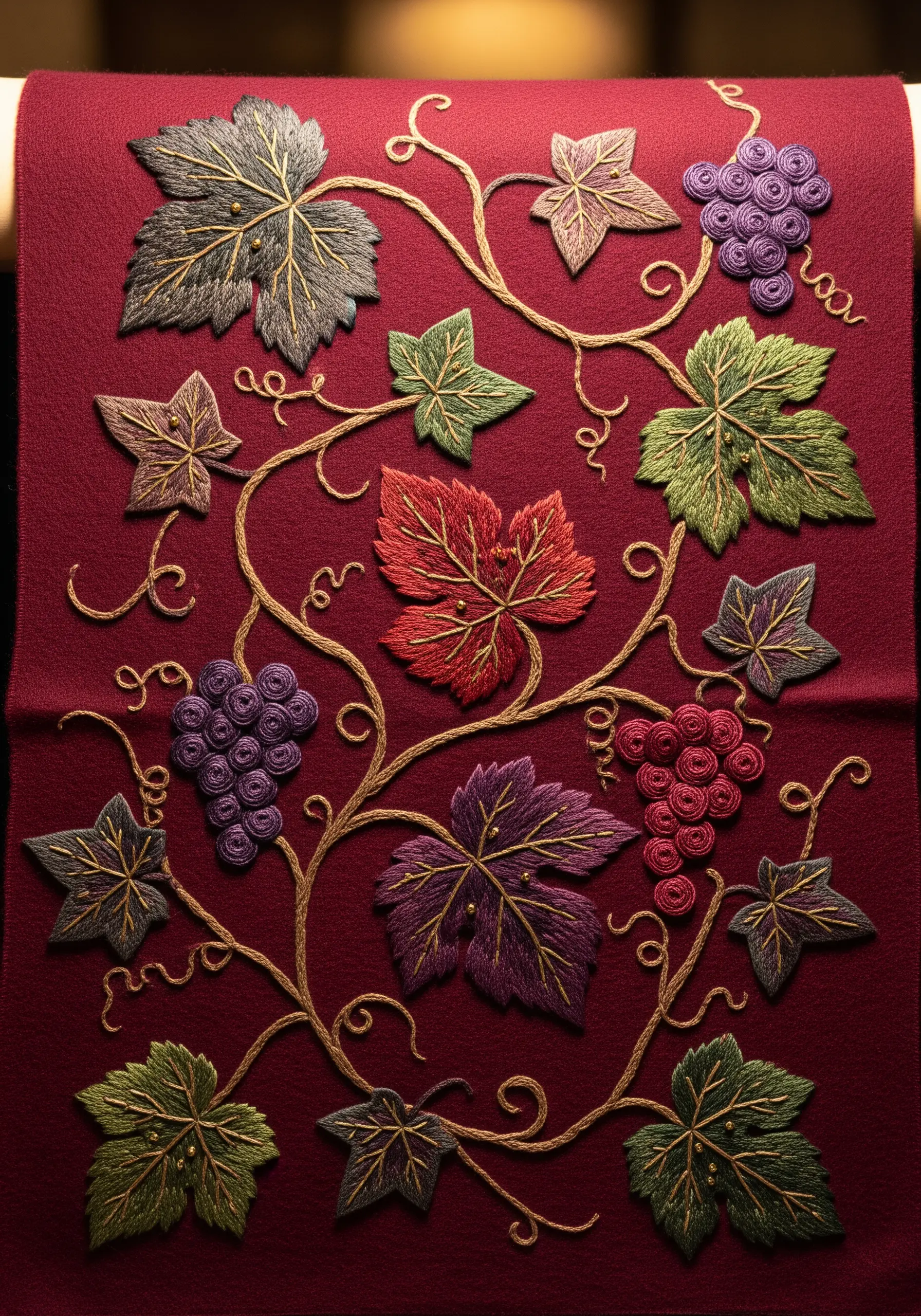 Raised embroidery of grapevines and leaves in rich tones on a burgundy textile.