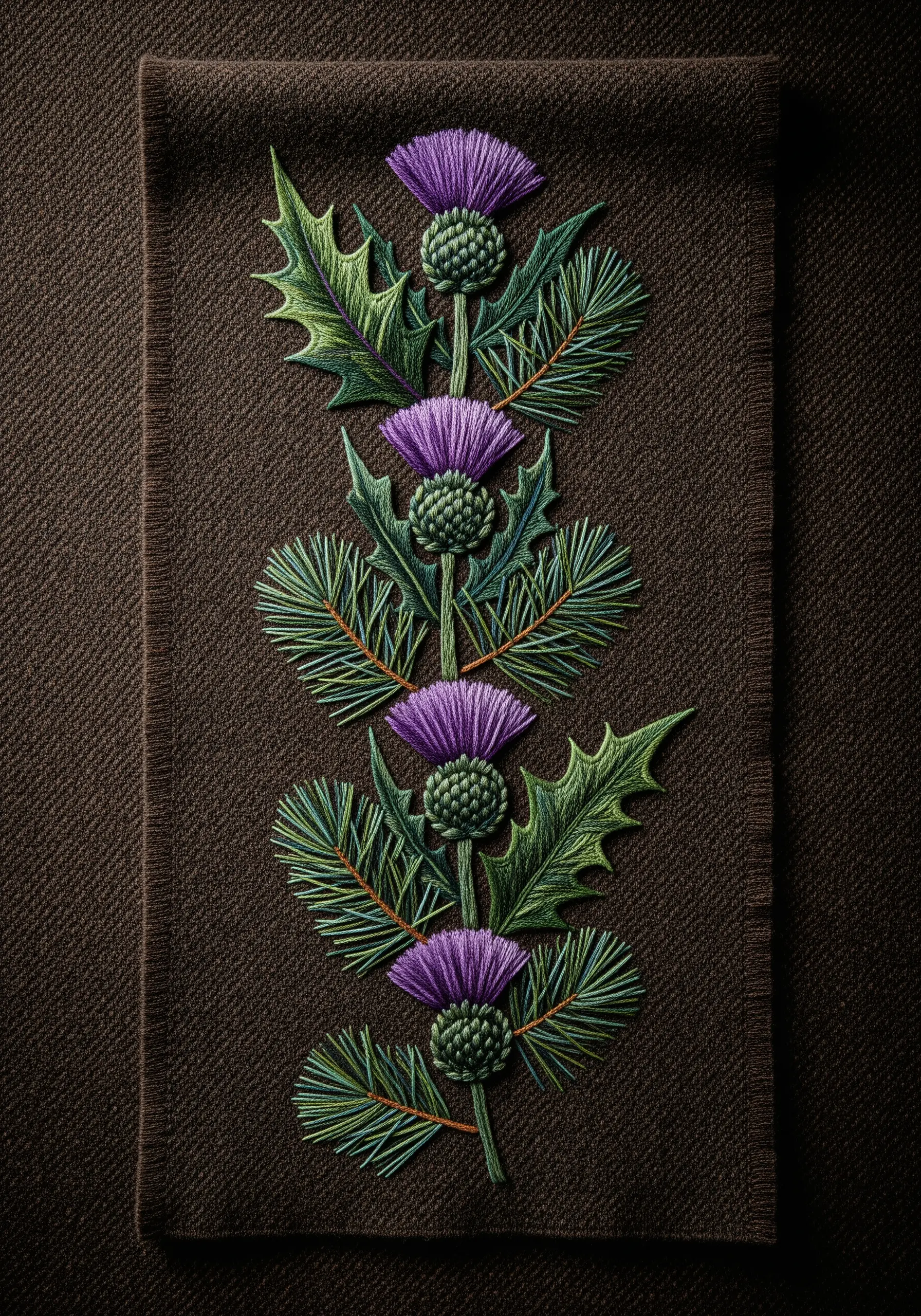Symmetrical embroidery of Scottish thistles with highly textured flowers and spiky leaves.