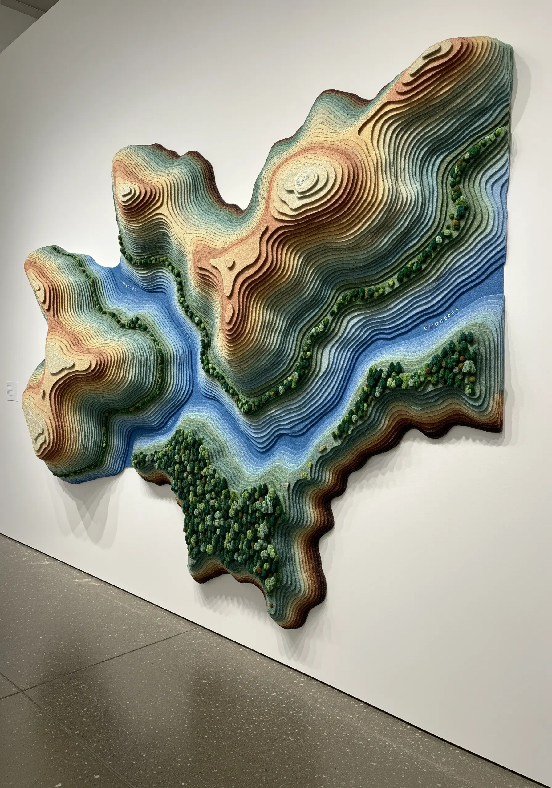 A large, layered felt wall sculpture depicting a topographic map with embroidered details.
