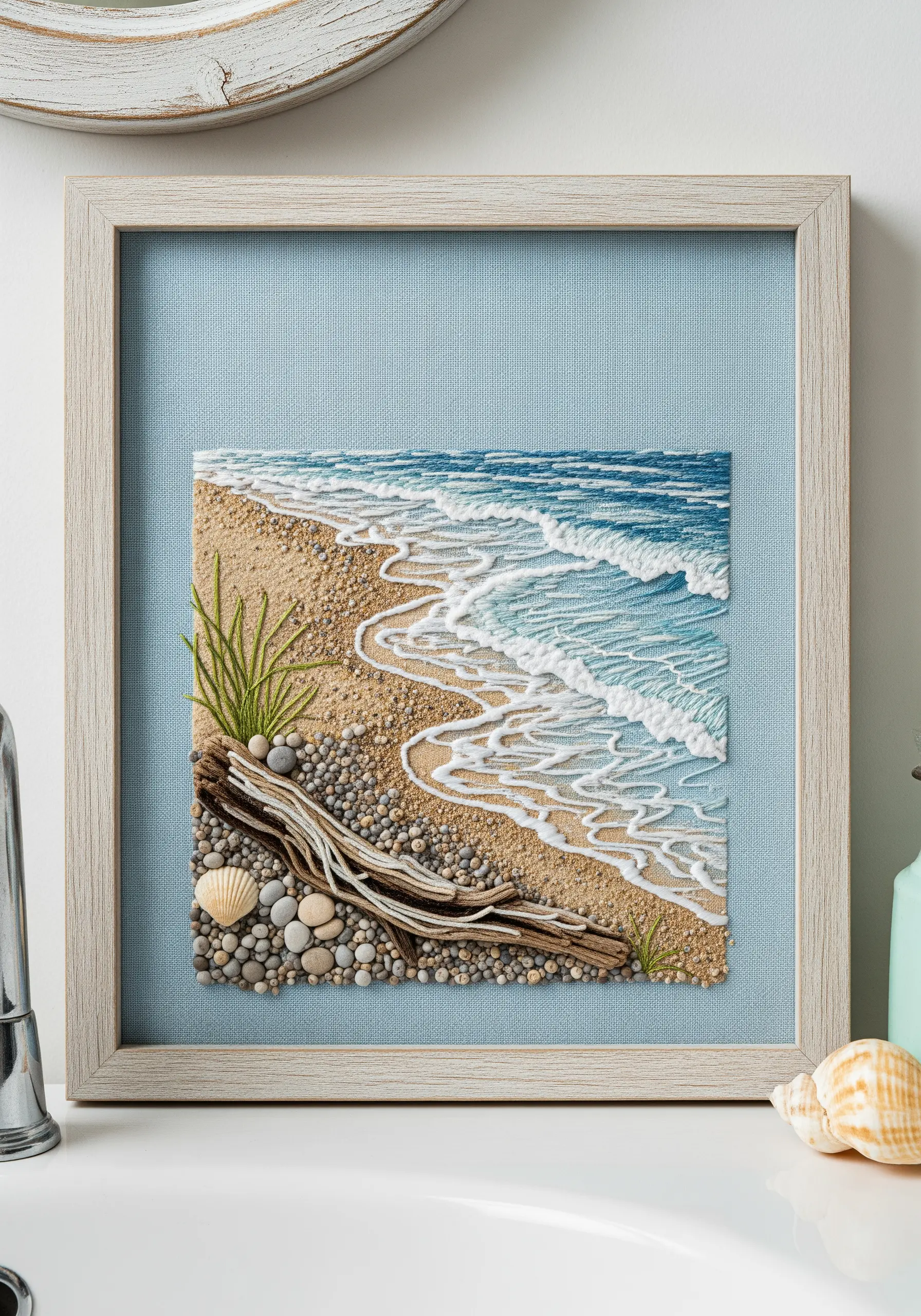 A framed, highly-textured embroidery of a beach scene with waves, sand, and pebbles.