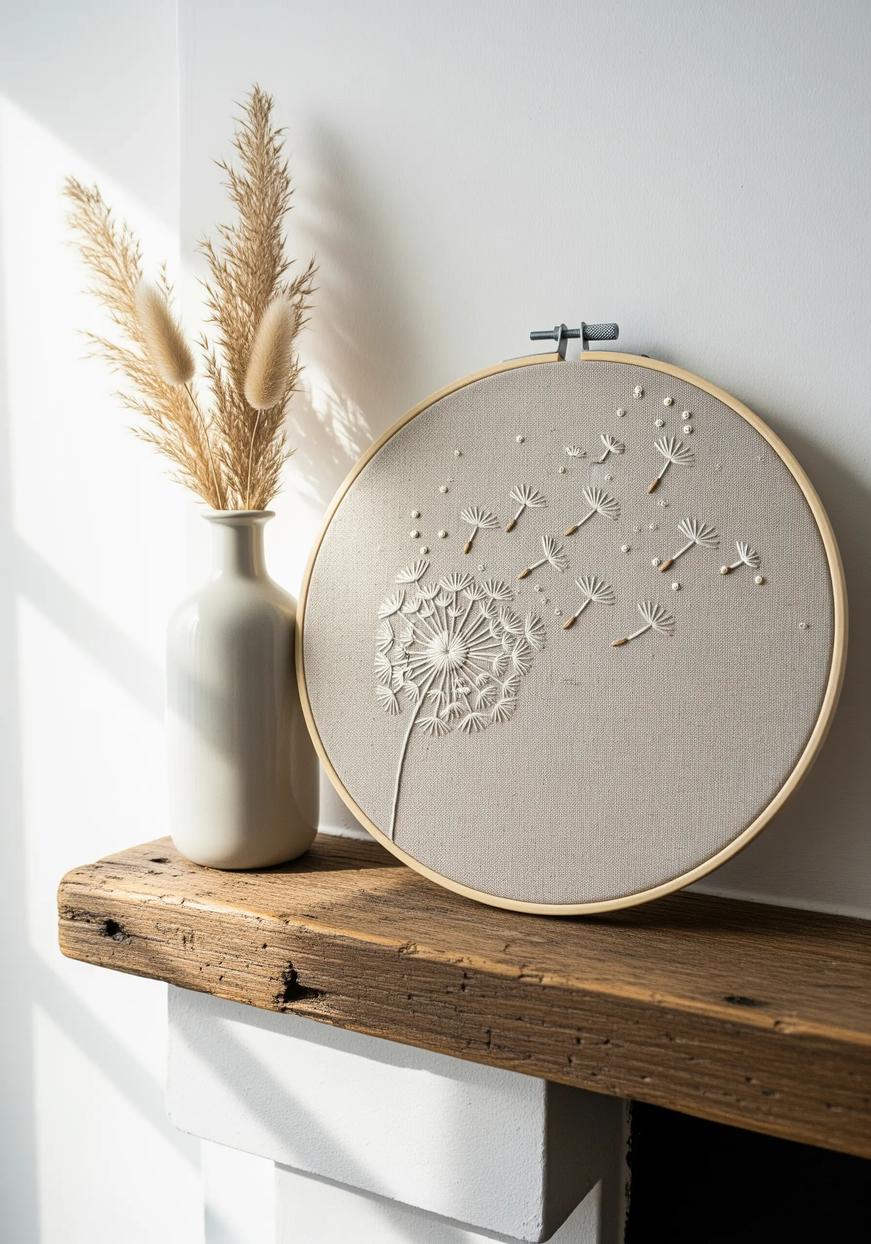 Dandelion embroidery hoop art with floating seeds and French knots on neutral linen.