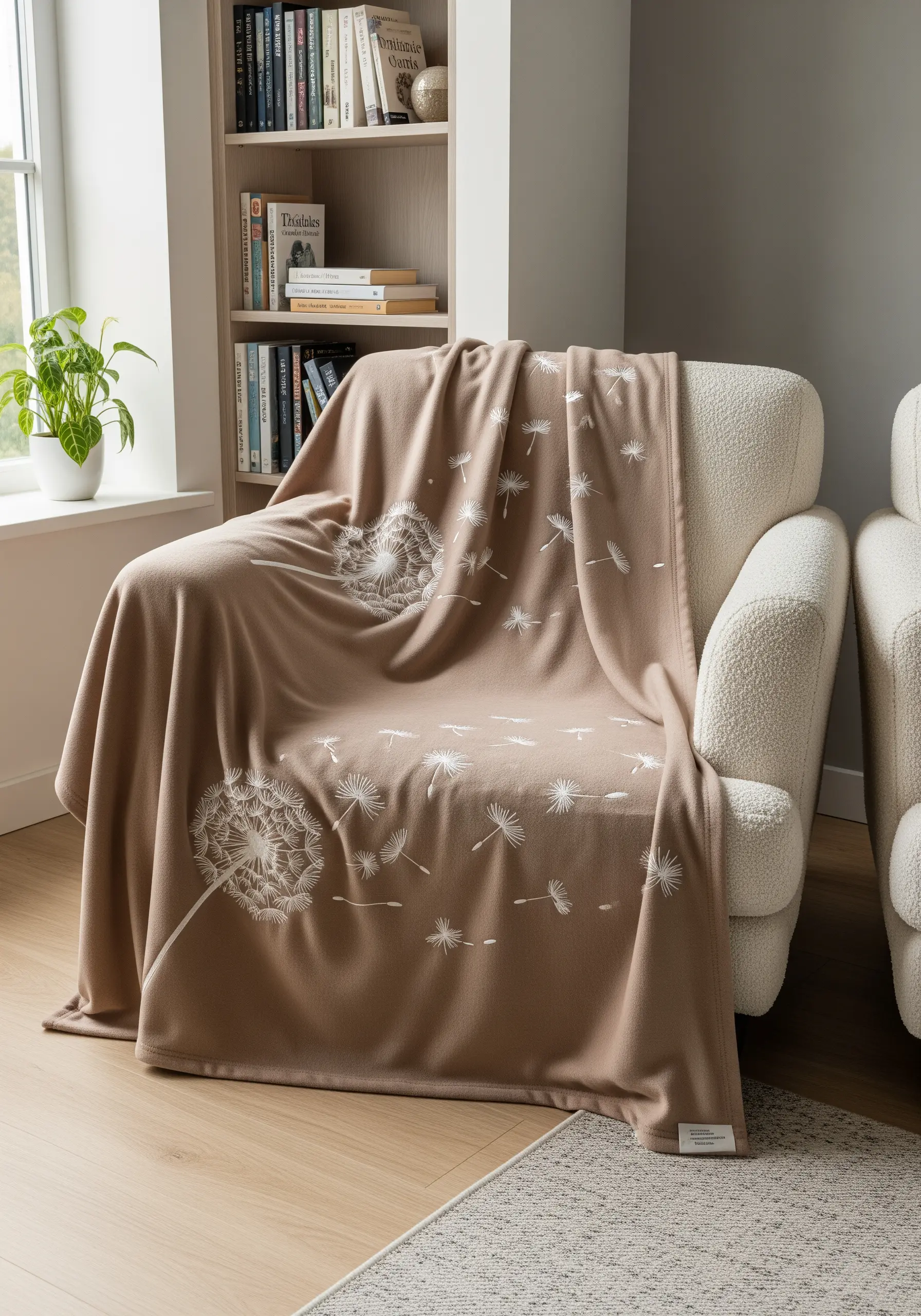 Embroidered dandelions with seeds blowing in the wind on a taupe fleece blanket.