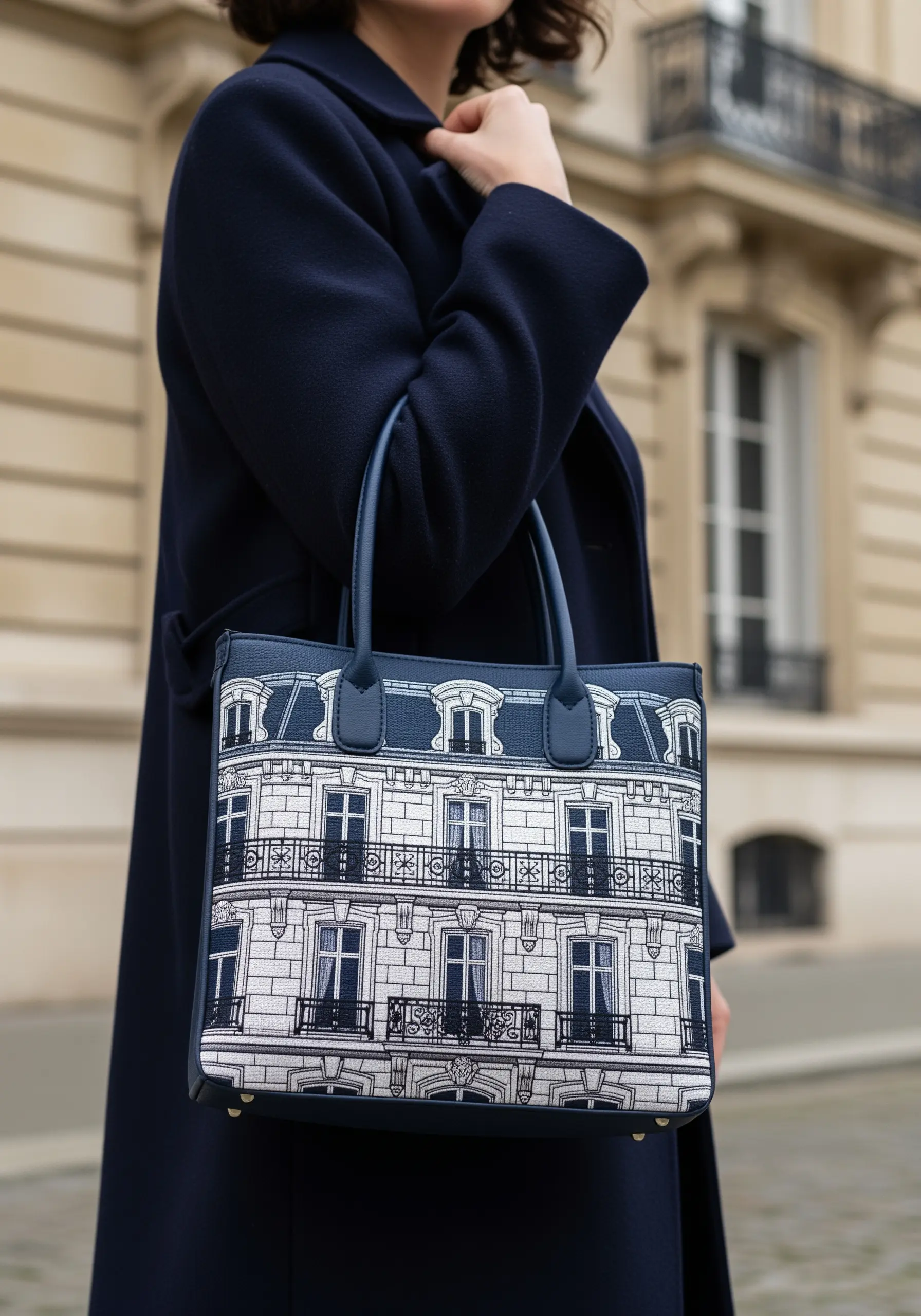 Detailed architectural embroidery of a Parisian building facade on a navy tote