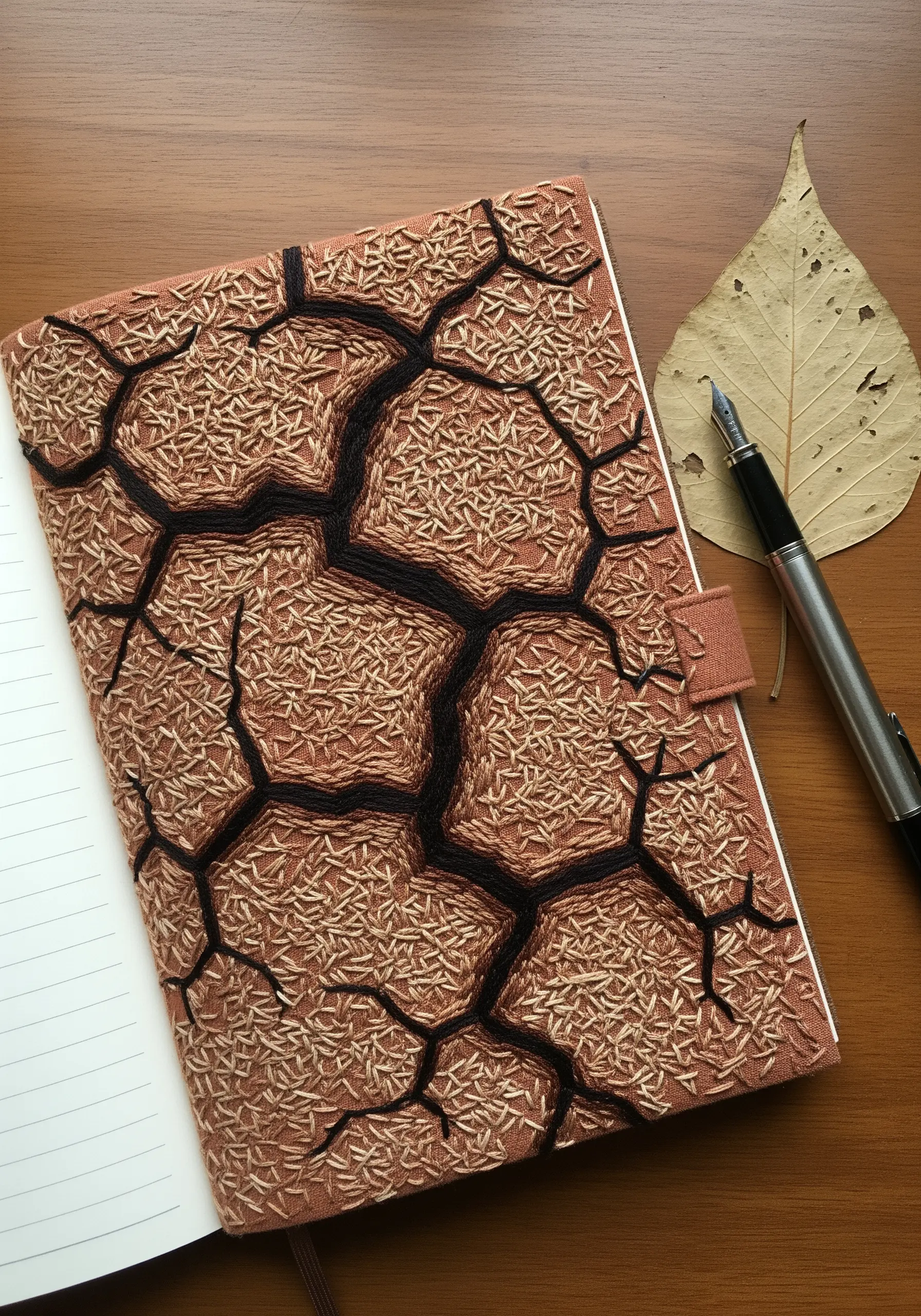 Embroidered journal cover showing a cracked dry earth pattern in brown and black.