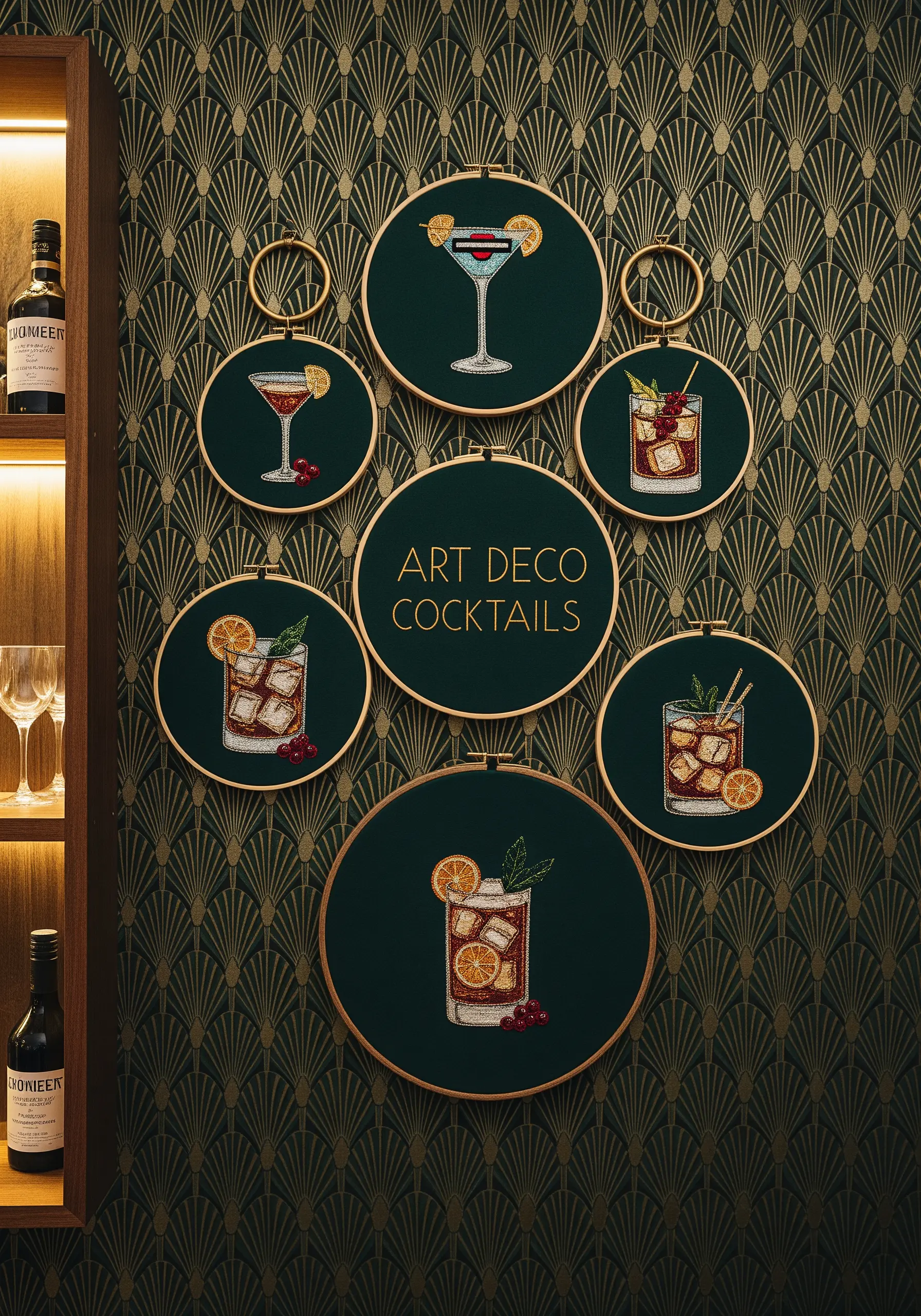 Art Deco-style embroidered cocktails on dark green fabric, arranged against a patterned wallpaper.