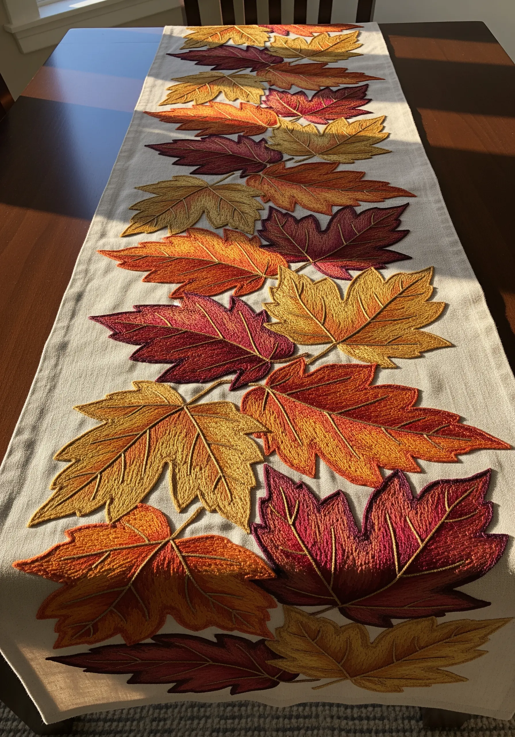 A table runner embroidered with a cascade of realistic autumn maple leaves.