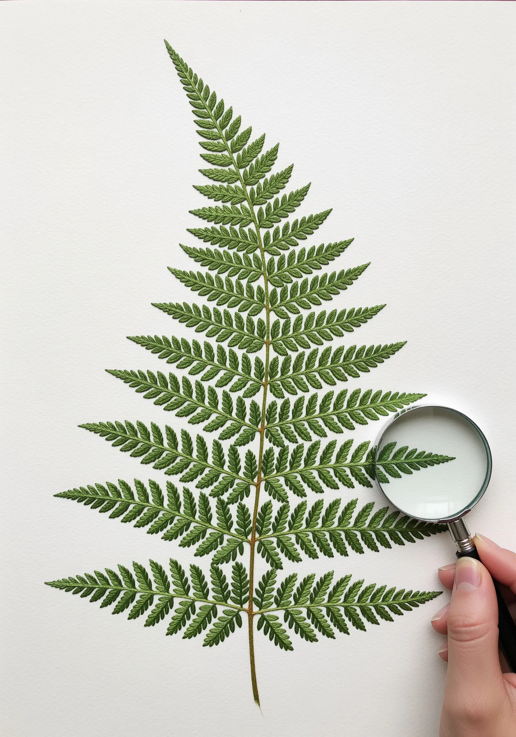 A highly detailed and realistic fern embroidered on white paper with green thread.
