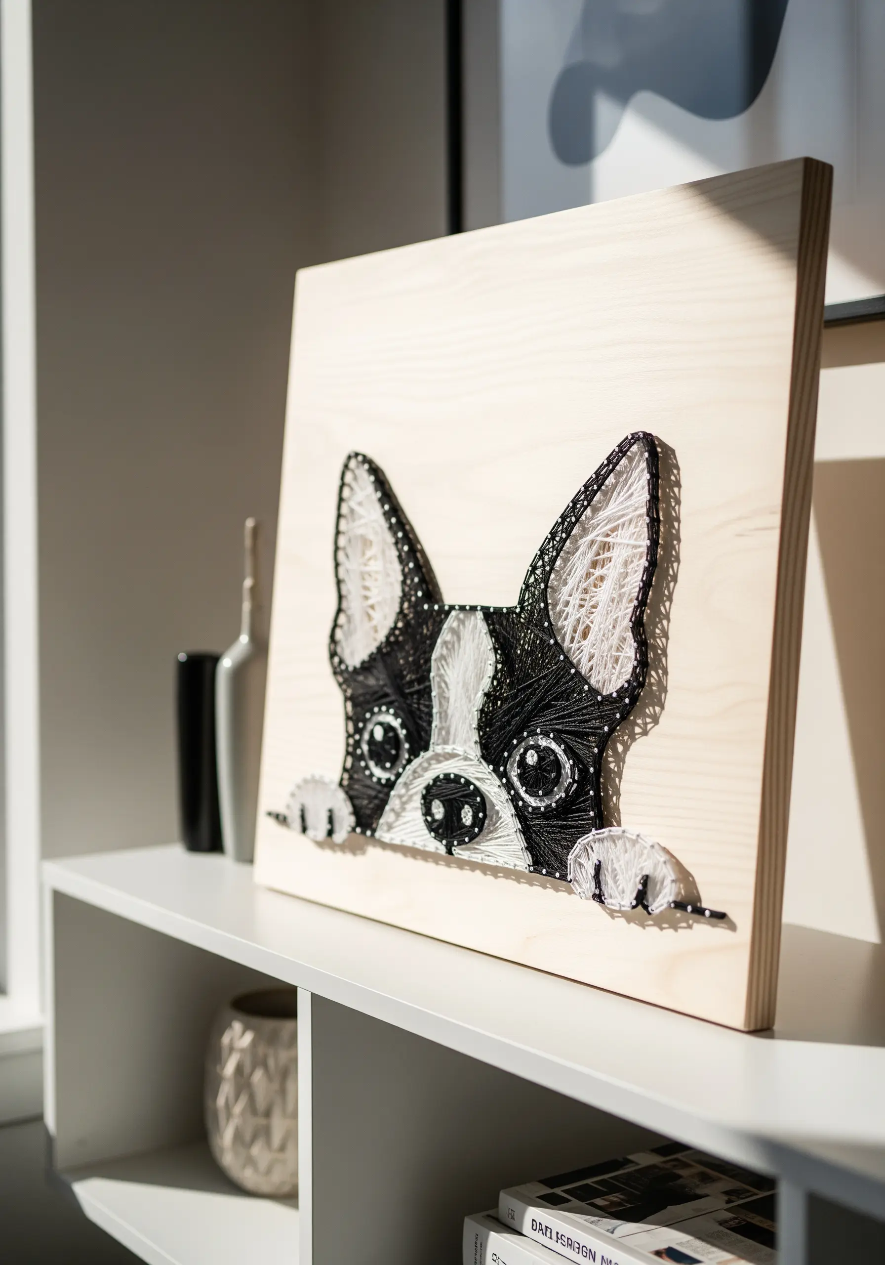 Stylized string art of a peeking Boston Terrier with large, expressive eyes.