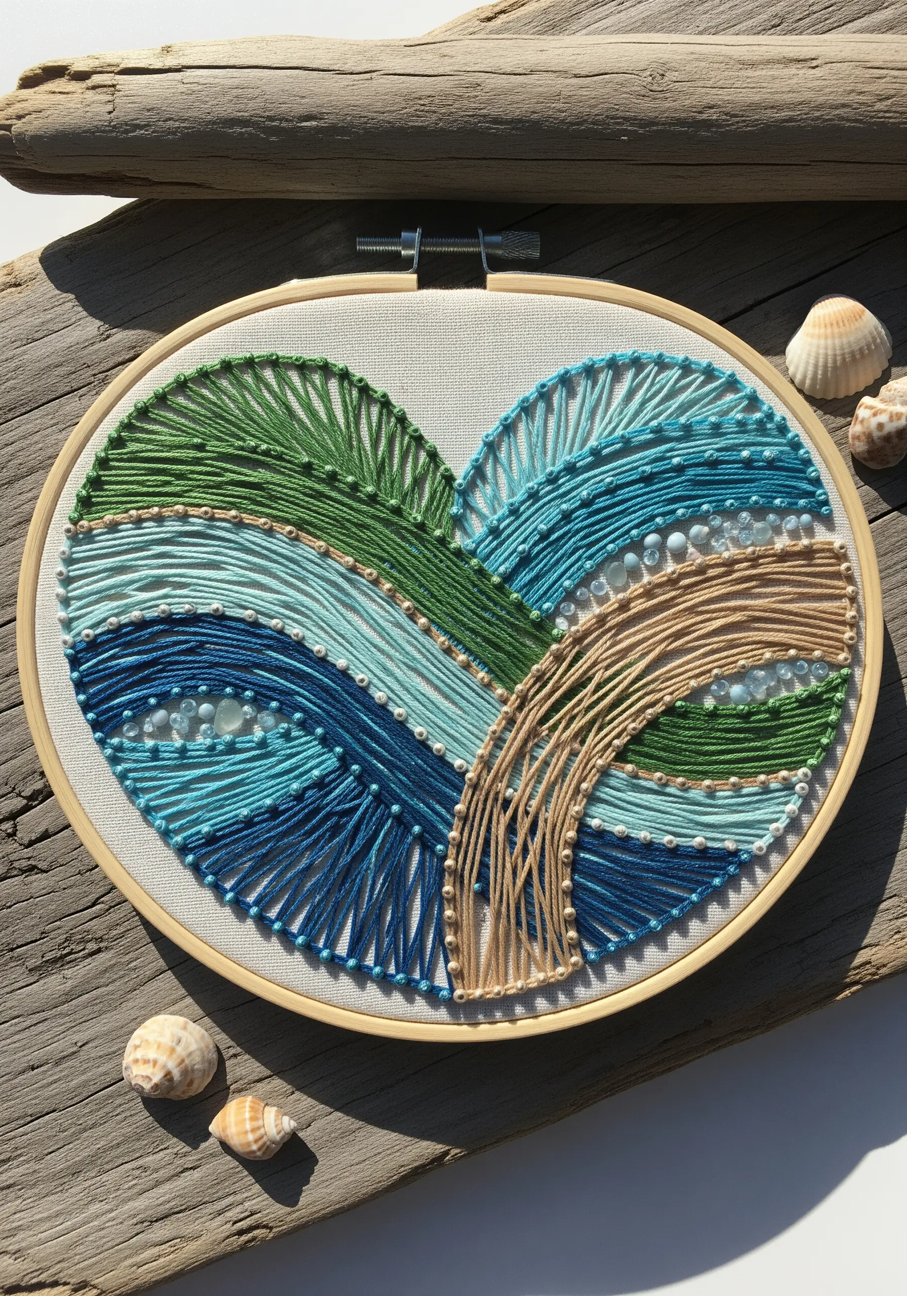 A heart filled with wavy, layered lines of blue, green, and sand-colored thread with beads.