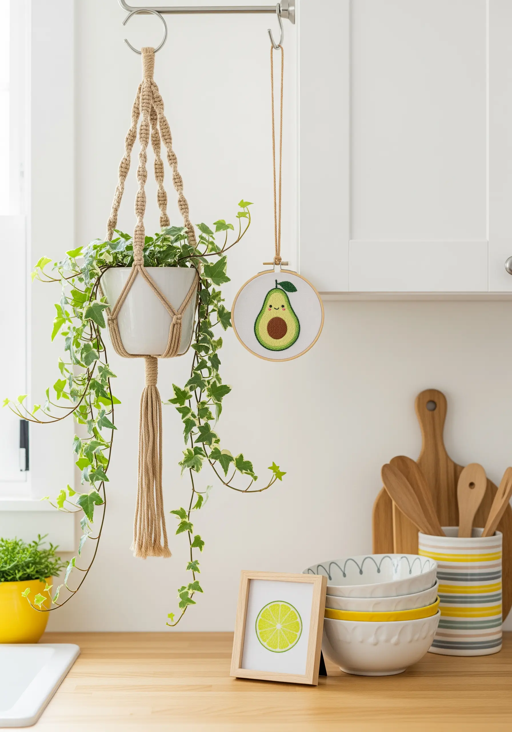 A whimsical embroidered avocado with a smiley face, hanging next to a potted plant.
