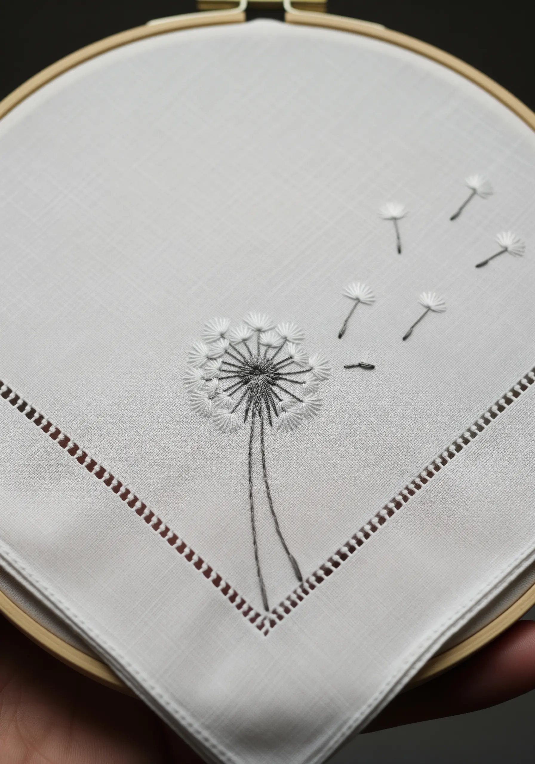A delicate dandelion puff embroidered in shades of grey on a white linen handkerchief.