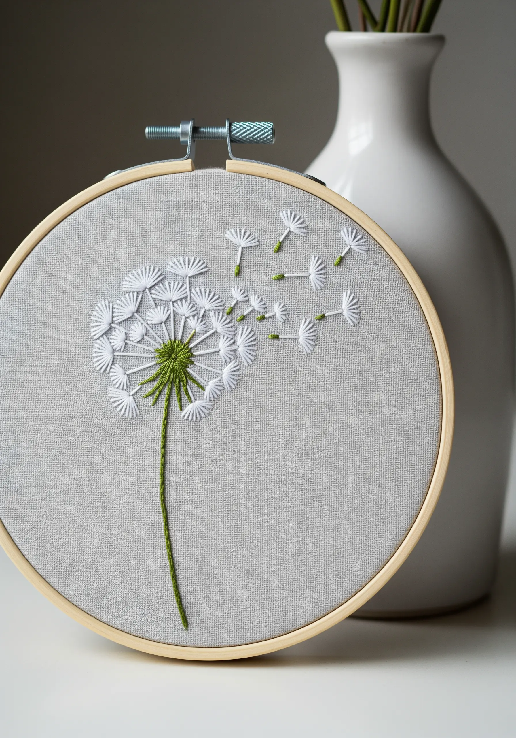 A delicate white dandelion with seeds blowing away, stitched on light grey fabric.