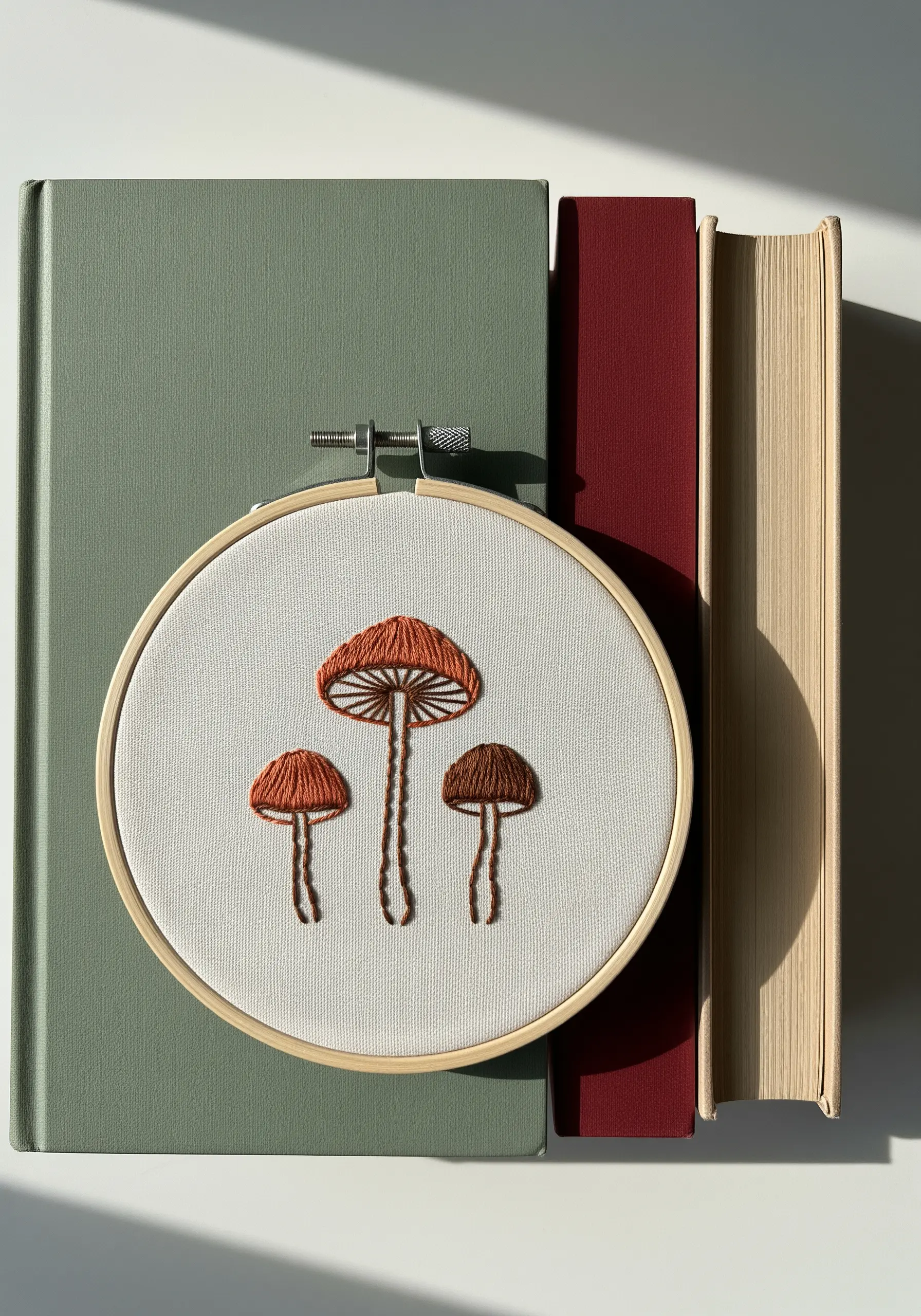 Three delicate mushrooms with detailed gills embroidered in a hoop resting against books.