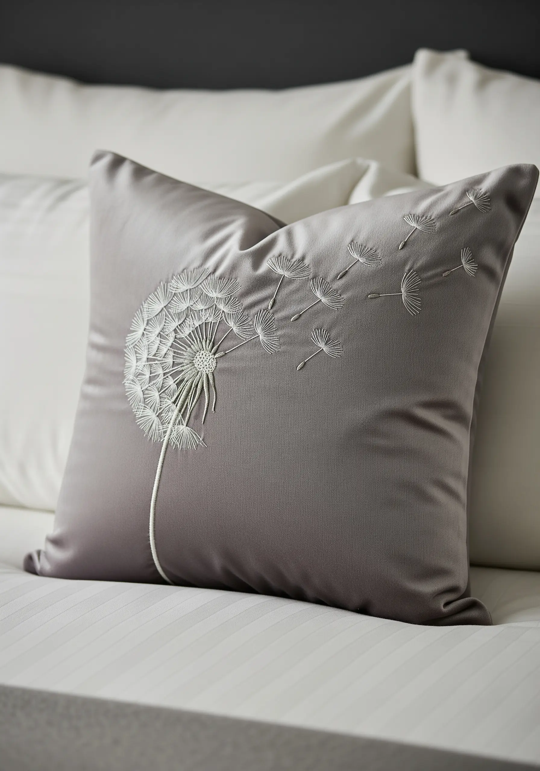 A gray satin pillow embroidered with a white dandelion puff and seeds blowing in the wind.