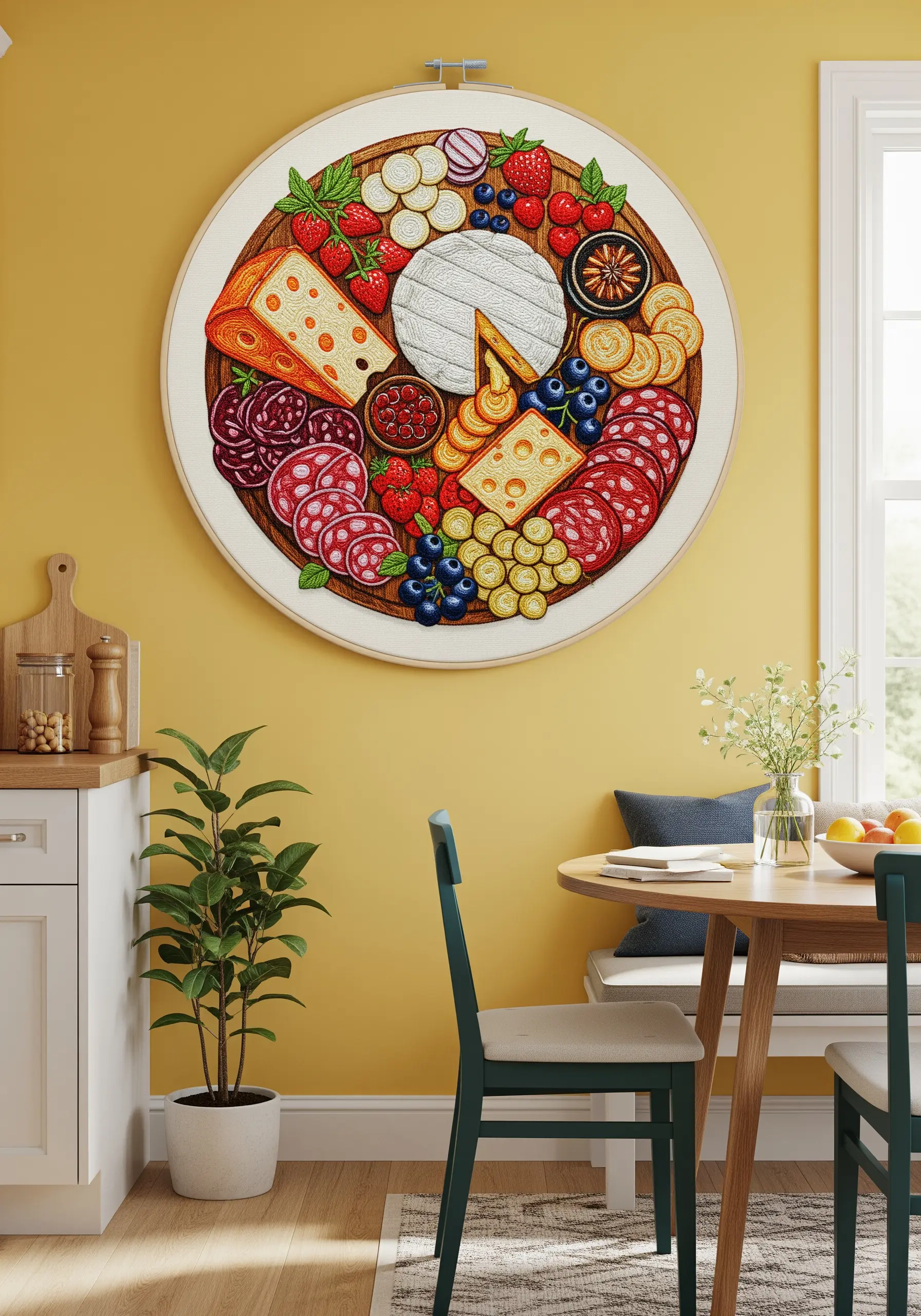 A large, detailed embroidery of a colorful charcuterie board in a kitchen.