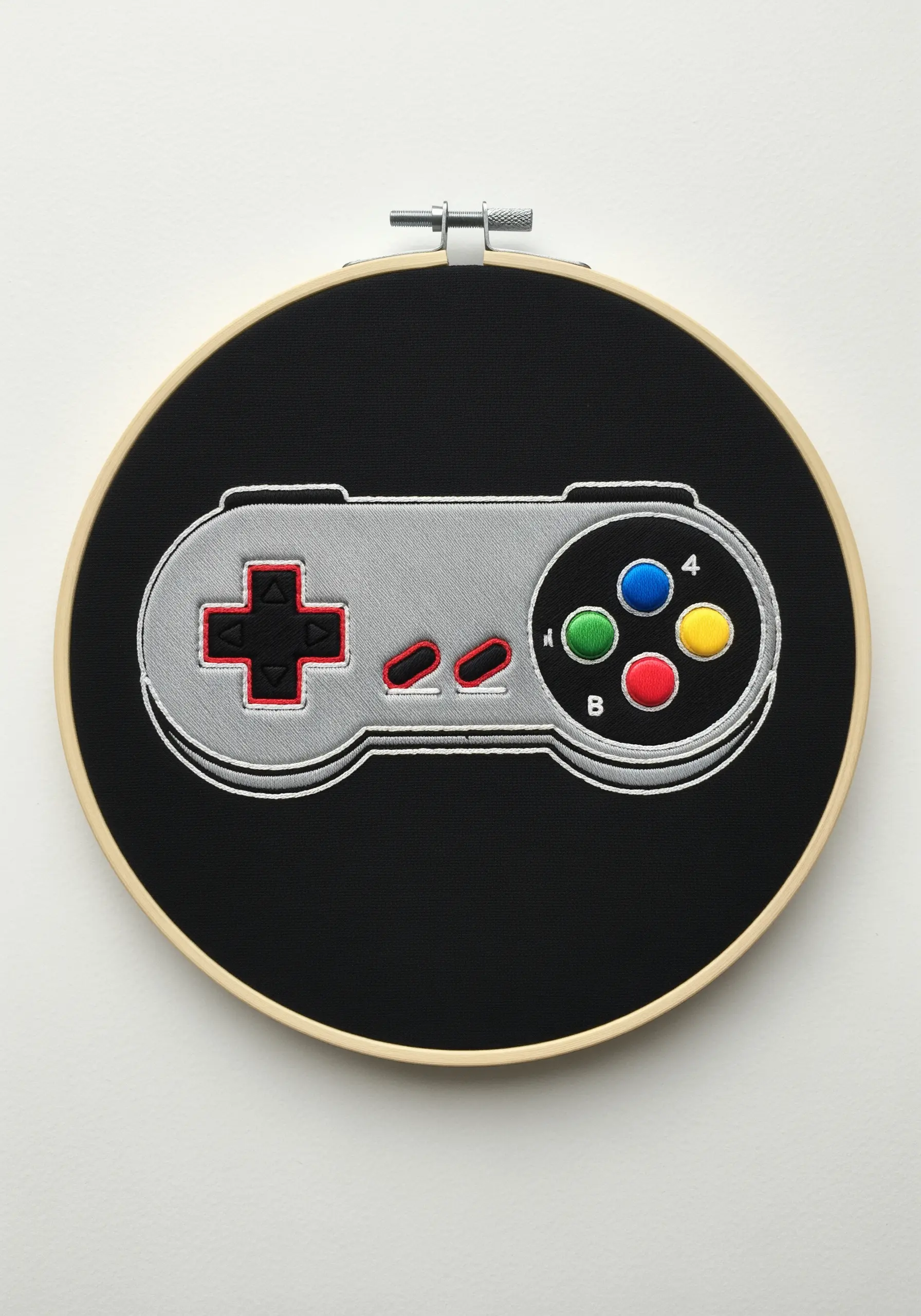 Retro video game controller embroidered with precise micro-stitching and subtle shading.
