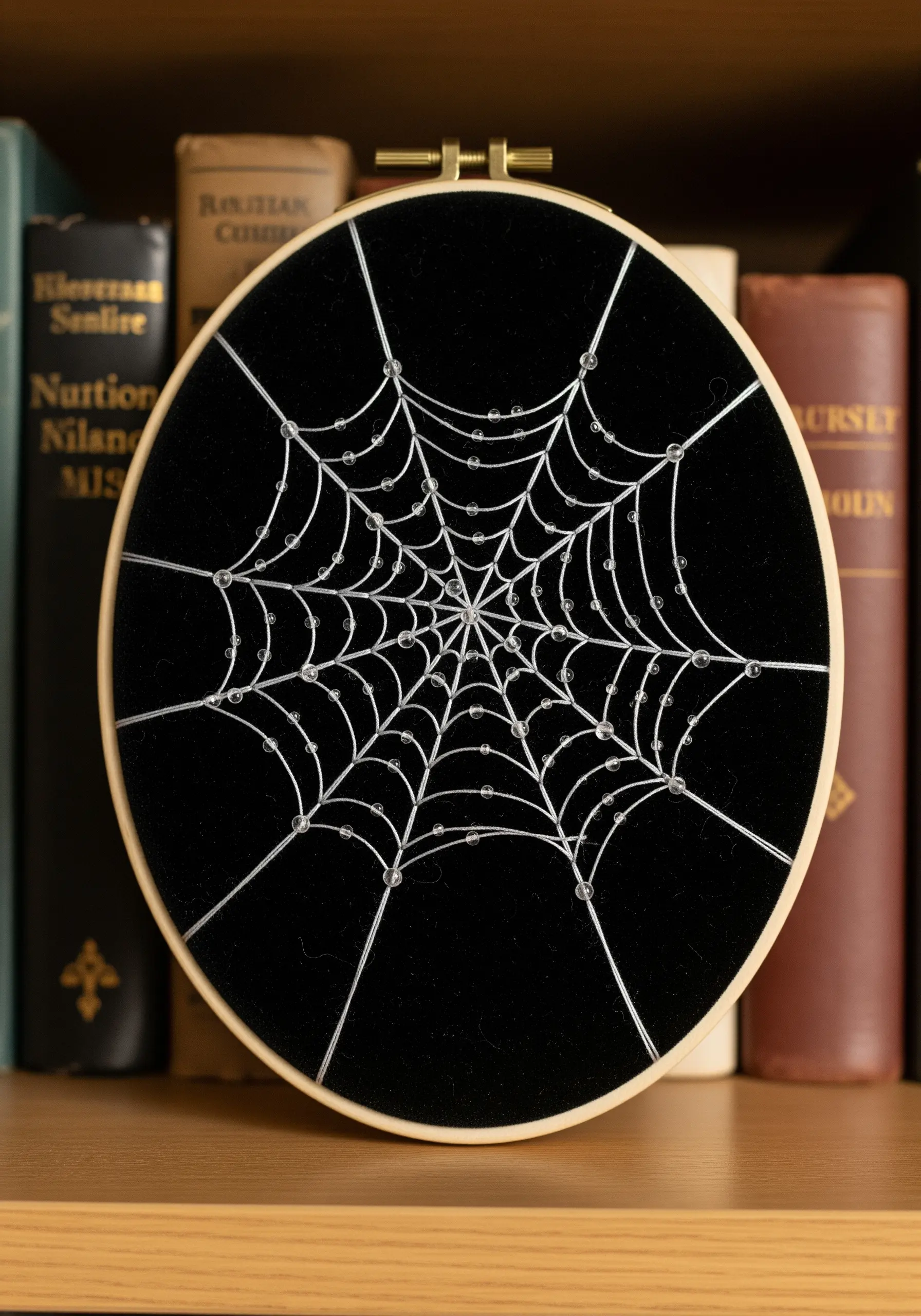 A delicate spiderweb stitched in silver thread on black velvet with bead dewdrops.