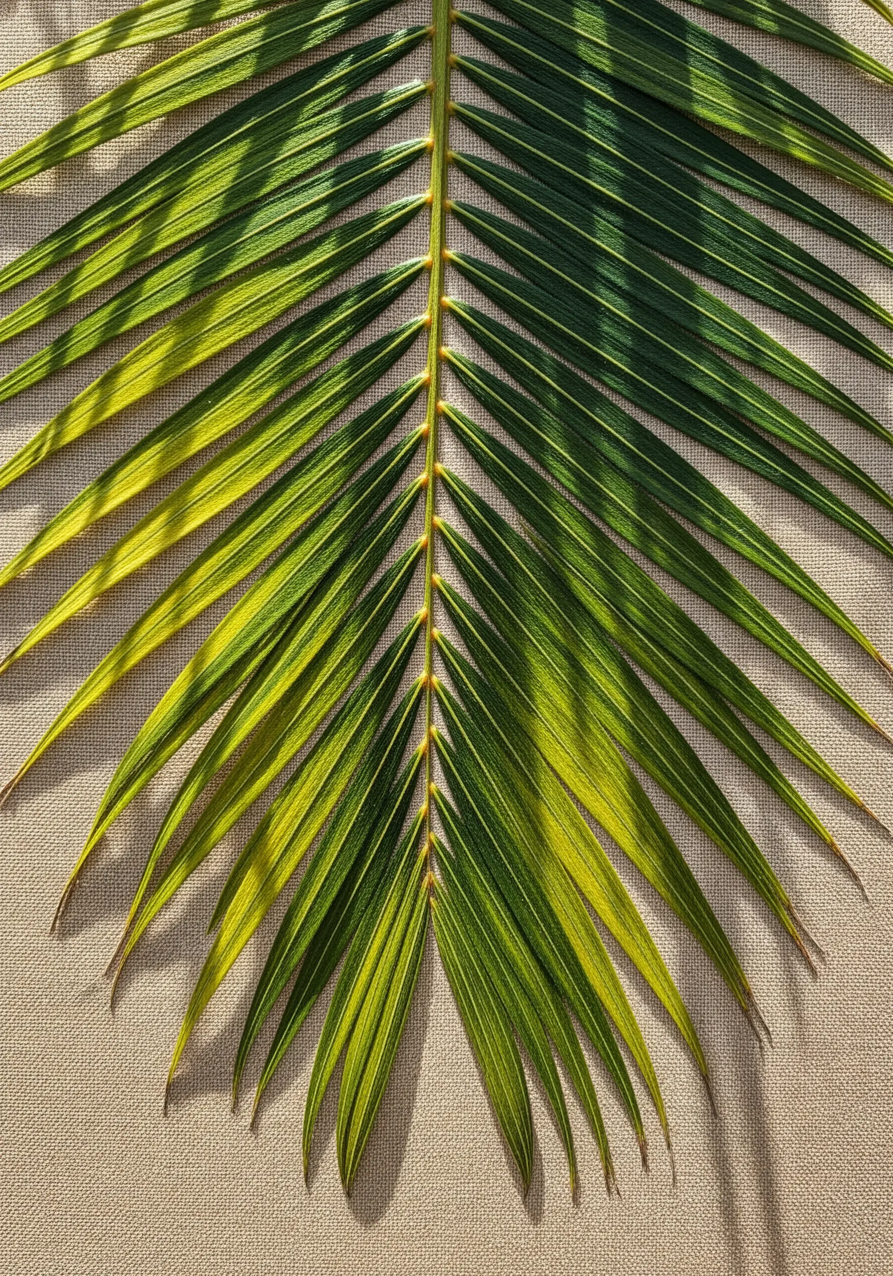 The sharp, linear form of a palm frond created with precise straight stitches.