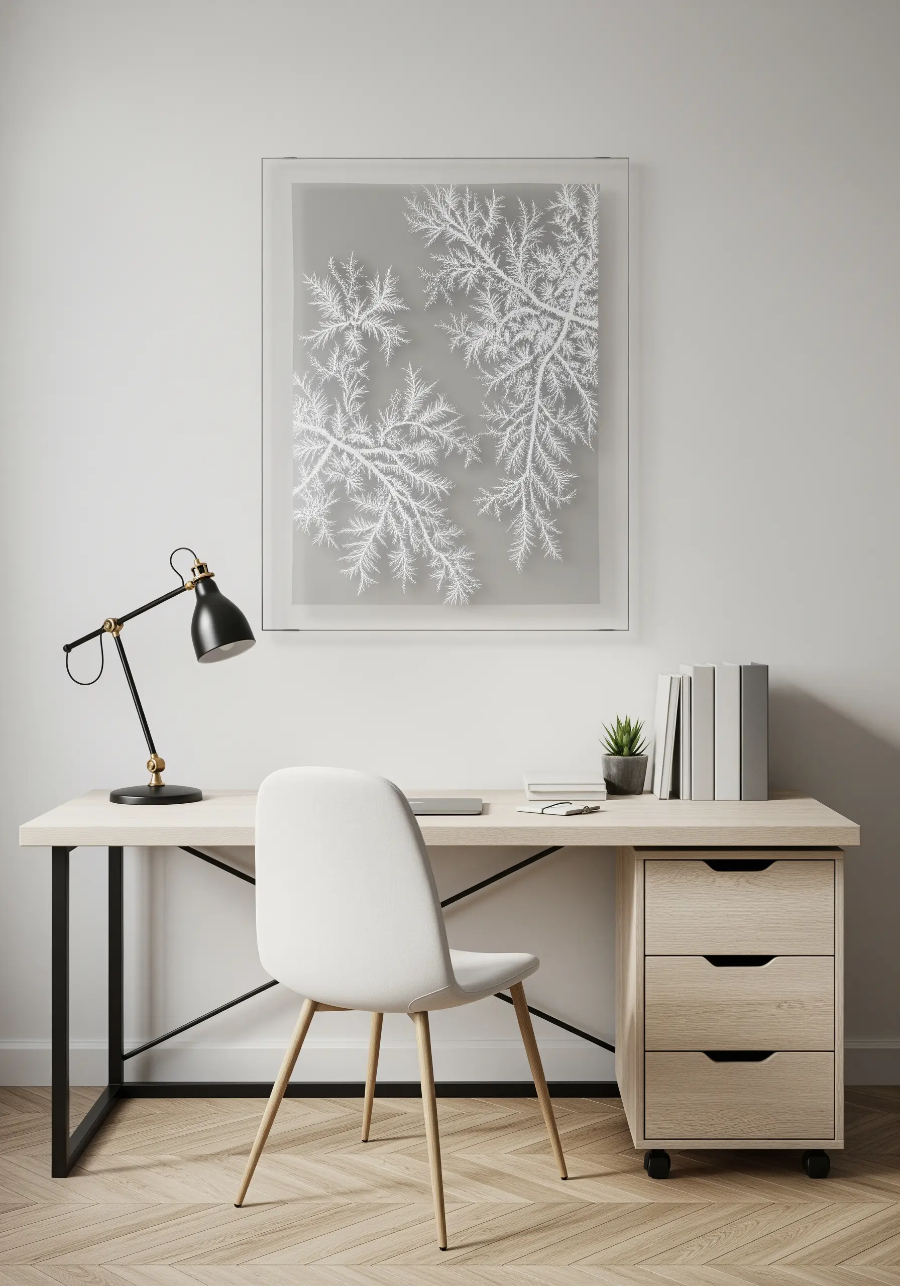 Delicate white embroidery of frost patterns on a grey background, framed above a desk.