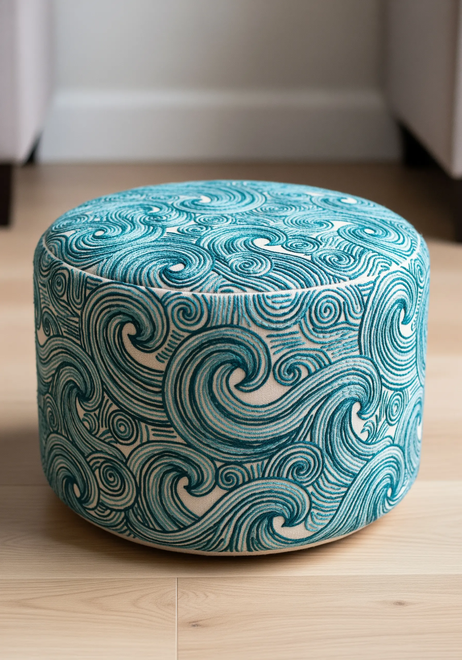 A round ottoman fully upholstered in a fabric with an embroidered pattern of swirling teal waves.