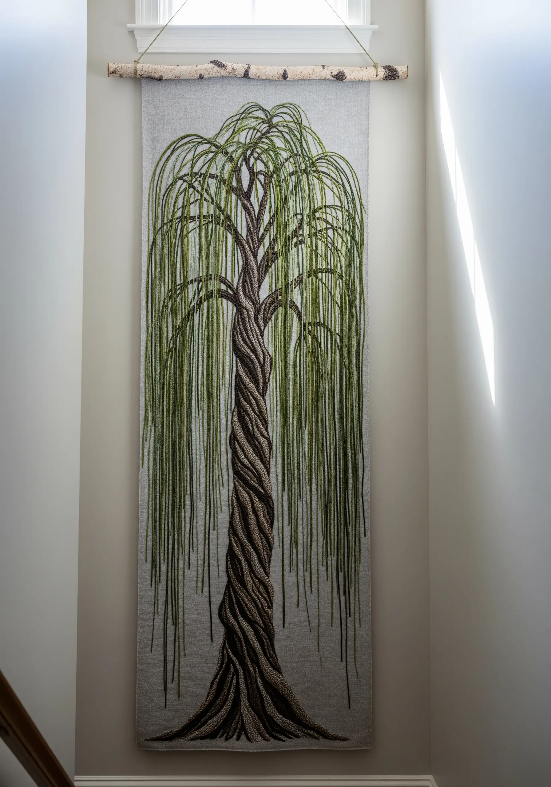 A large embroidered wall hanging of a weeping willow tree, its branches flowing downwards.