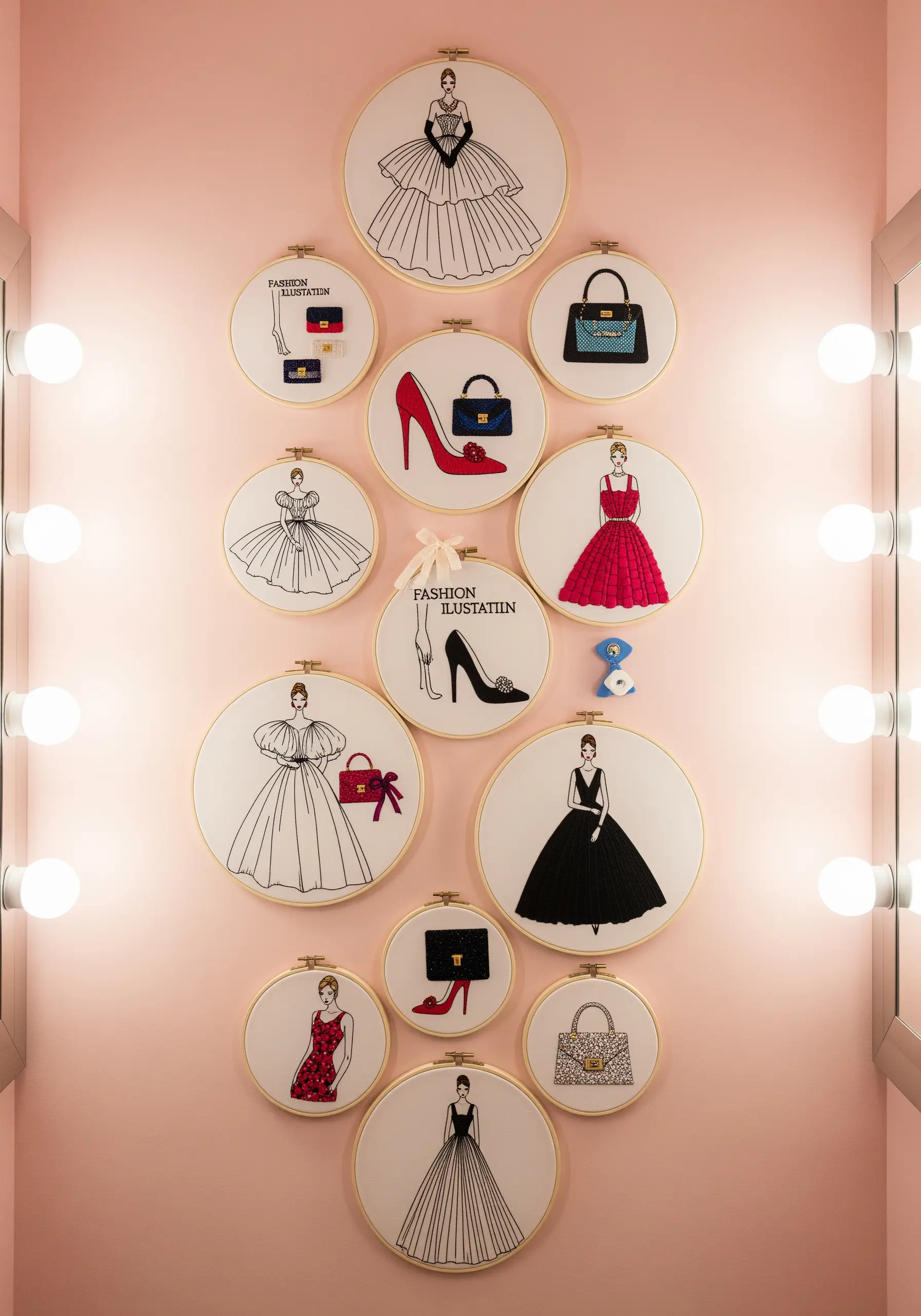 A gallery of fashion illustration embroidery, combining line art dresses with colorful accessories.