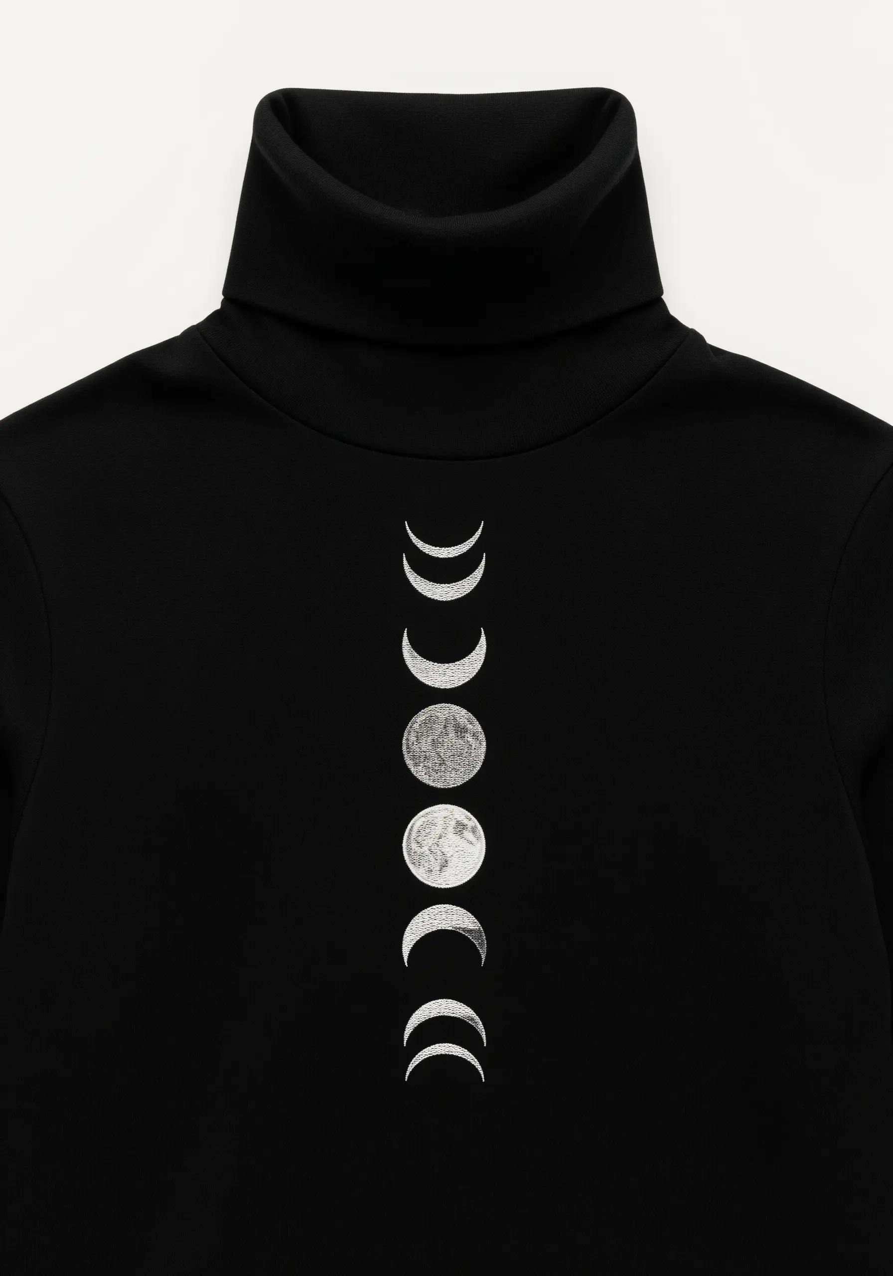 The phases of the moon embroidered vertically on the back of a black turtleneck in silver and gray.