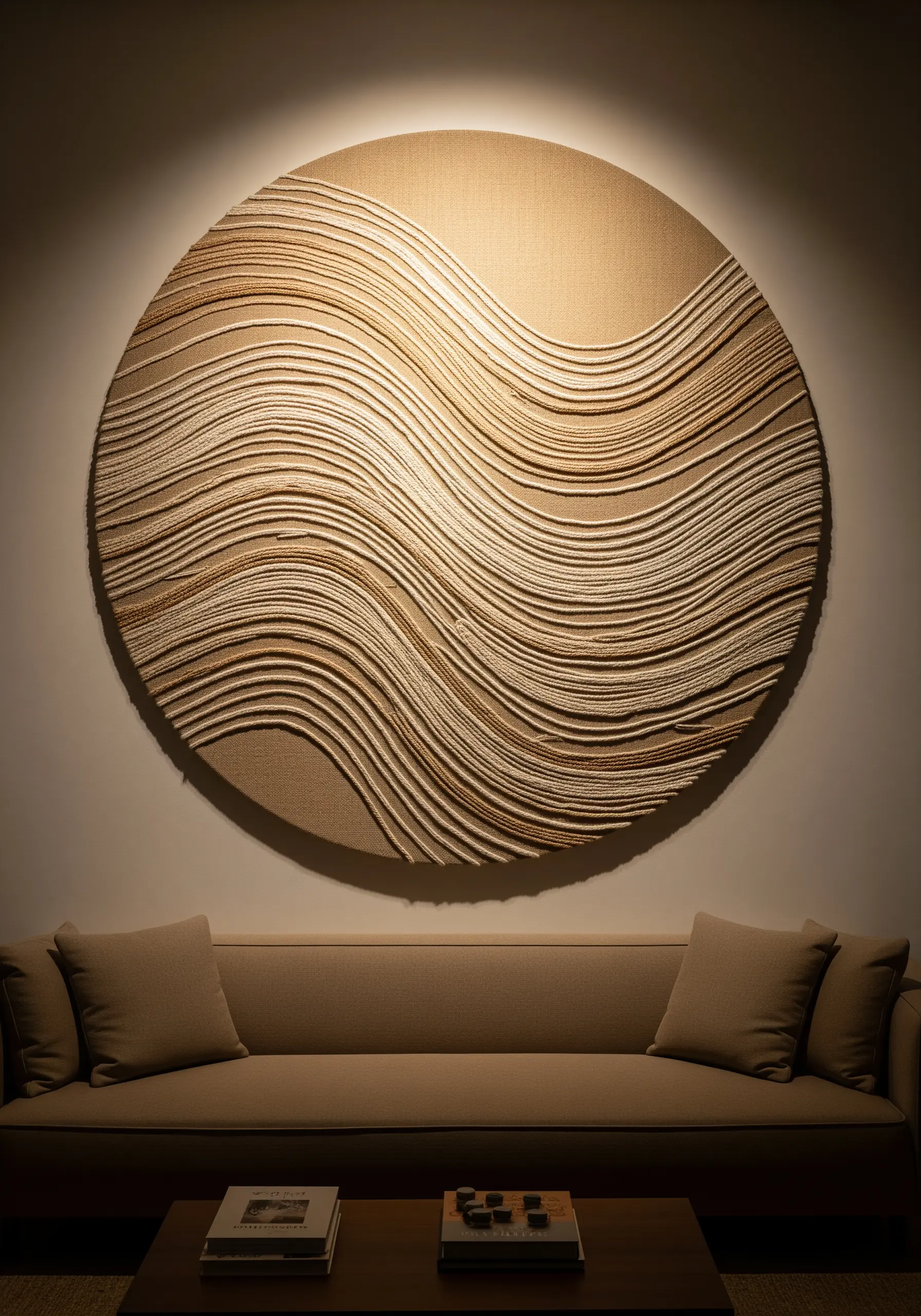 Large circular textile art with flowing, wavy lines of couched cord in sandy tones.