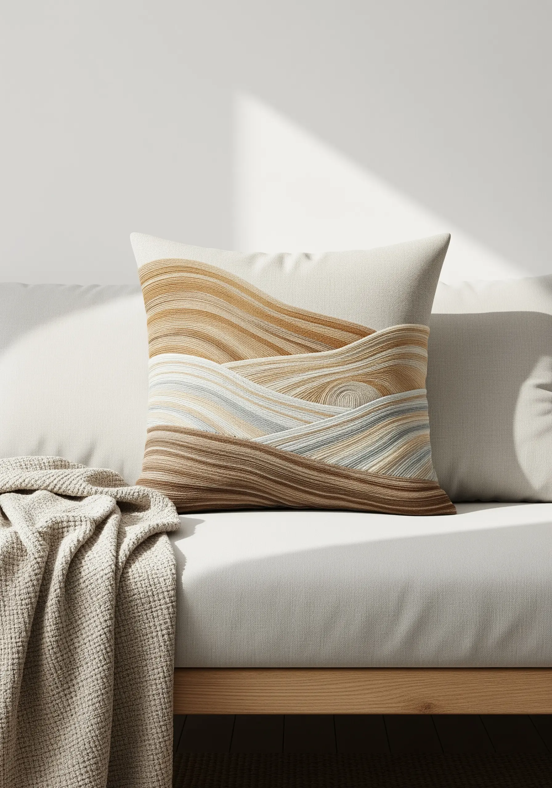 An abstract landscape of flowing lines in neutral tones on a square cushion.