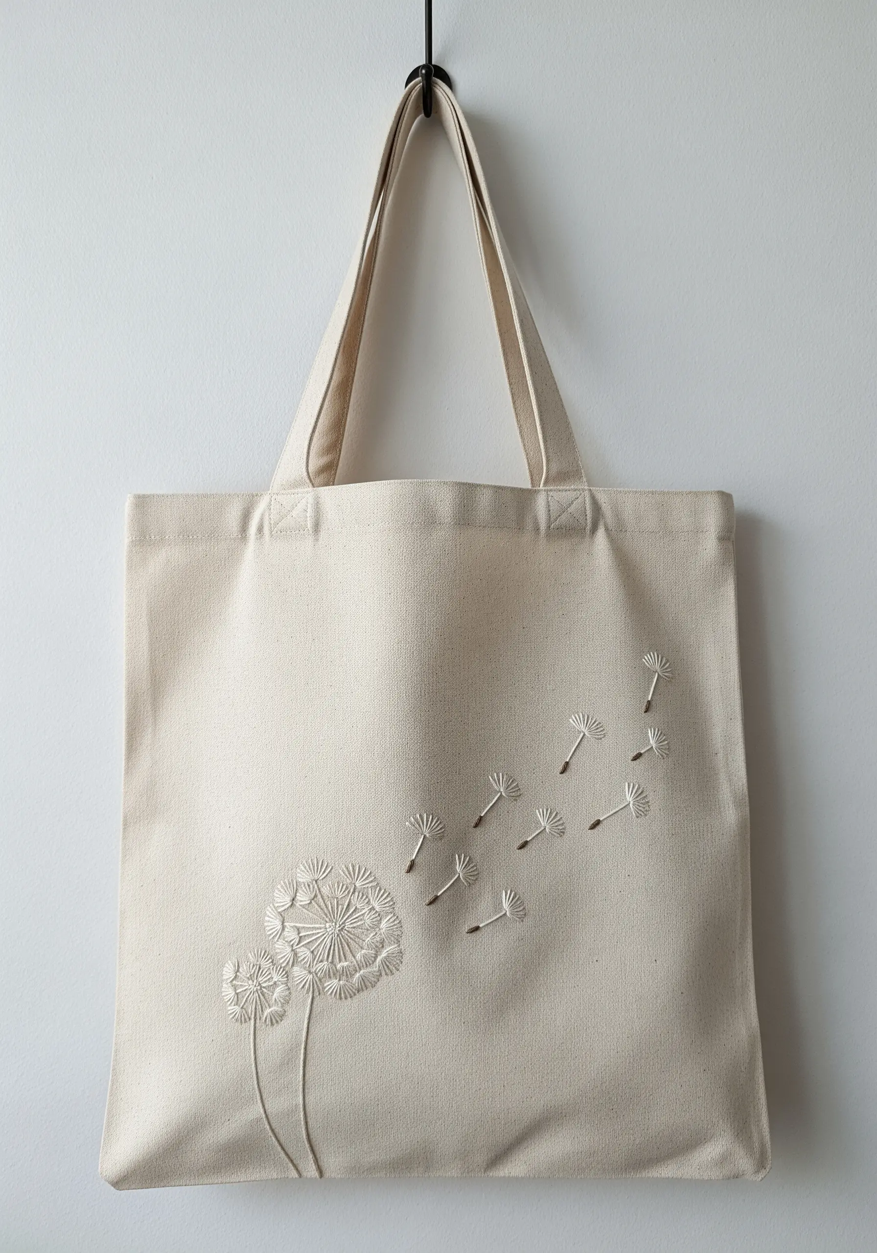 Minimalist white embroidered dandelion with seeds blowing in the wind on a canvas tote bag.