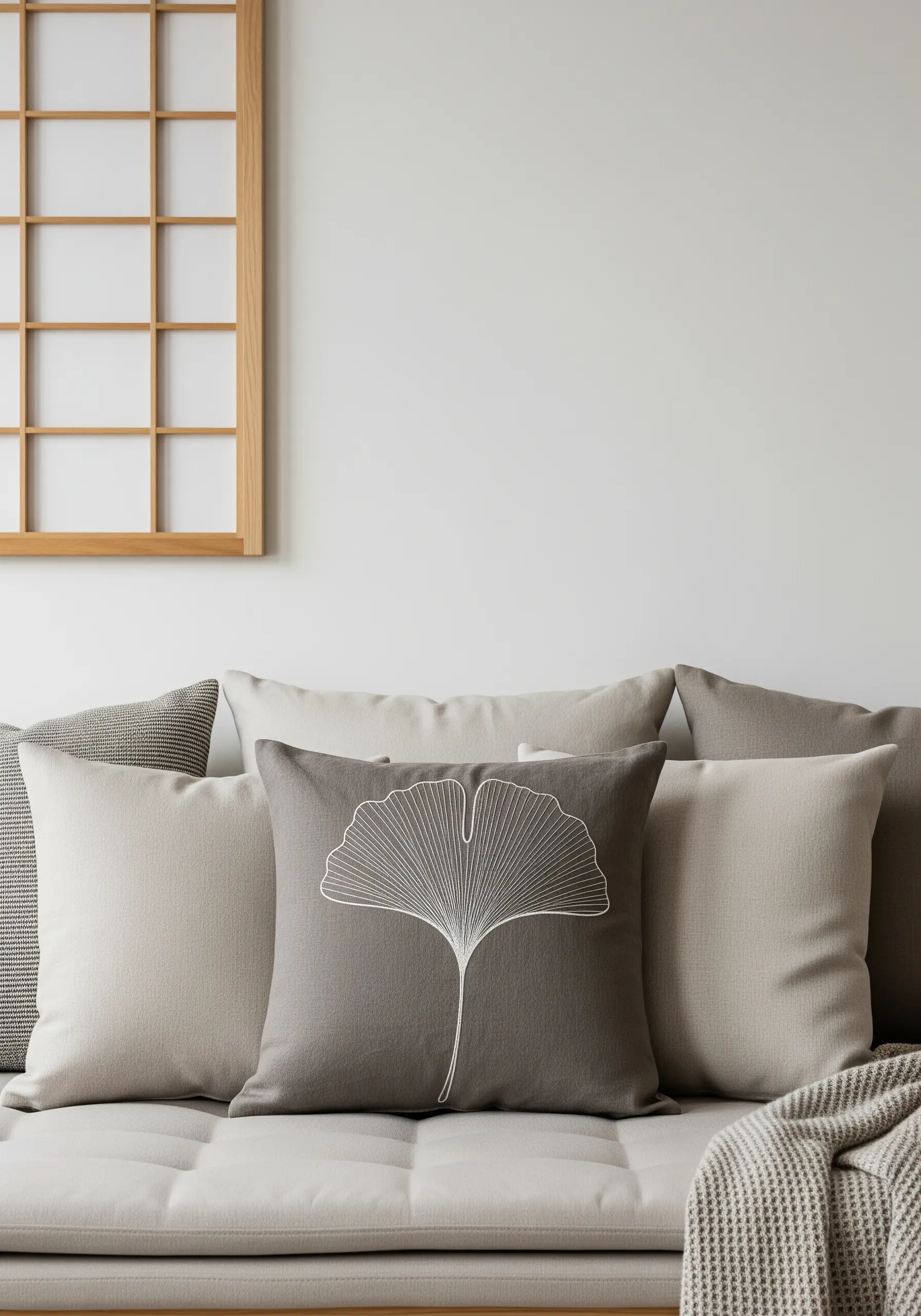 A clean white outline of a ginkgo leaf embroidered on a grey pillow