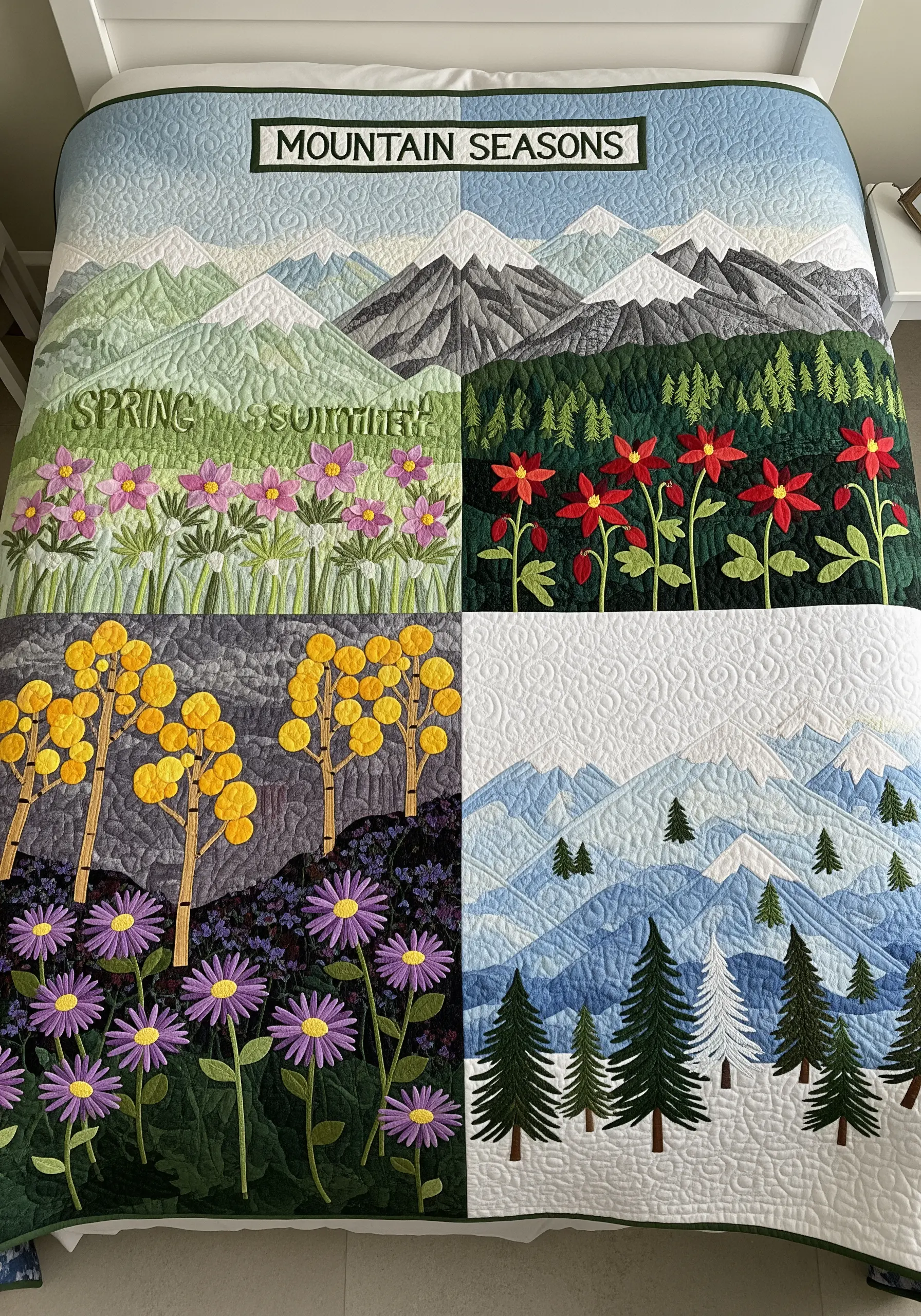 A quilt divided into four seasonal panels, each depicting a mountain scene with different wildflowers