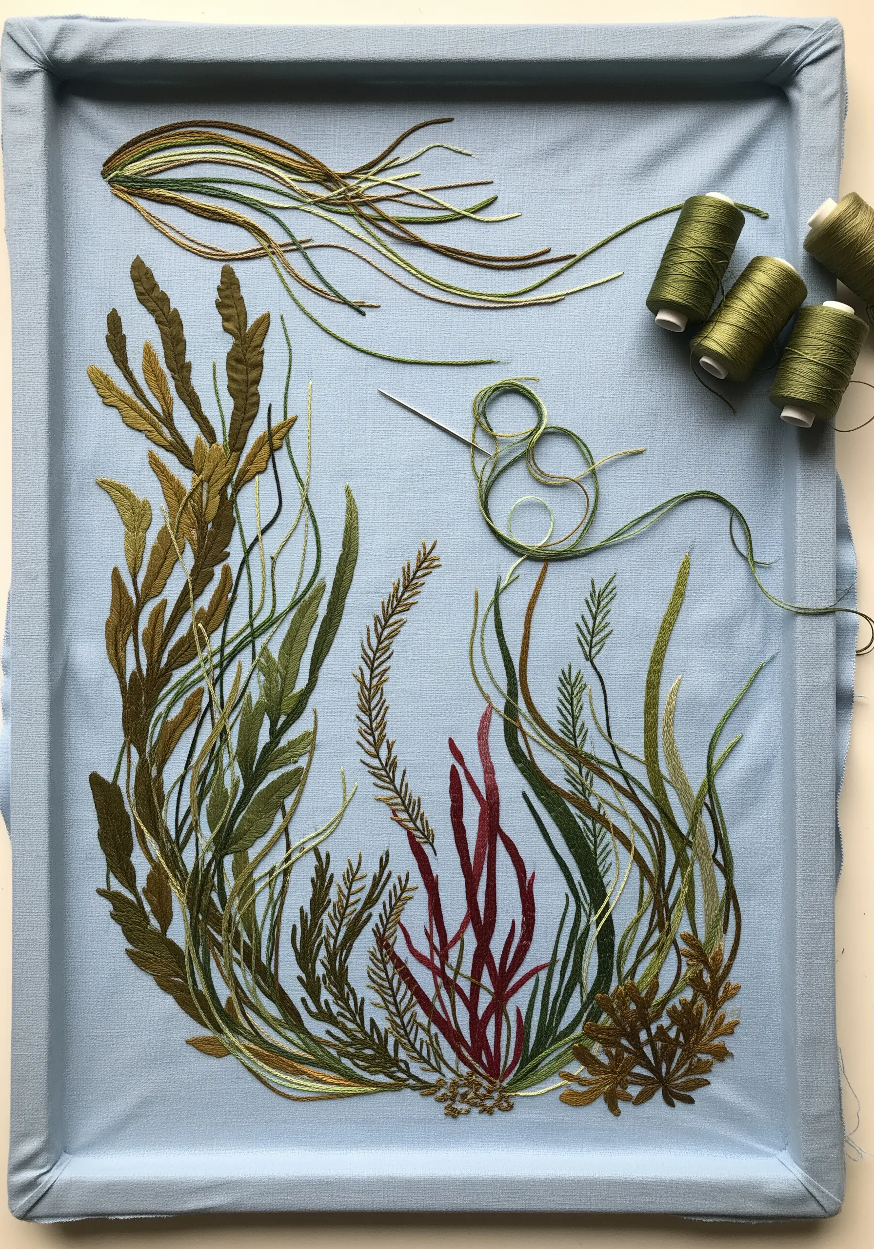 An in-progress embroidery of various types of seaweed in greens and browns on blue fabric.